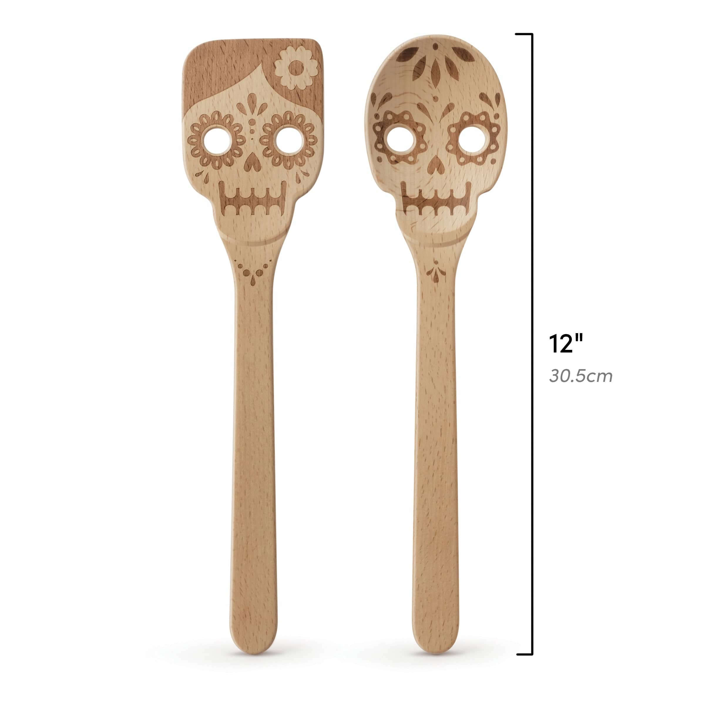Genuine Fred - Dead Set Wooden Utensils showing dimensions - 12" tall