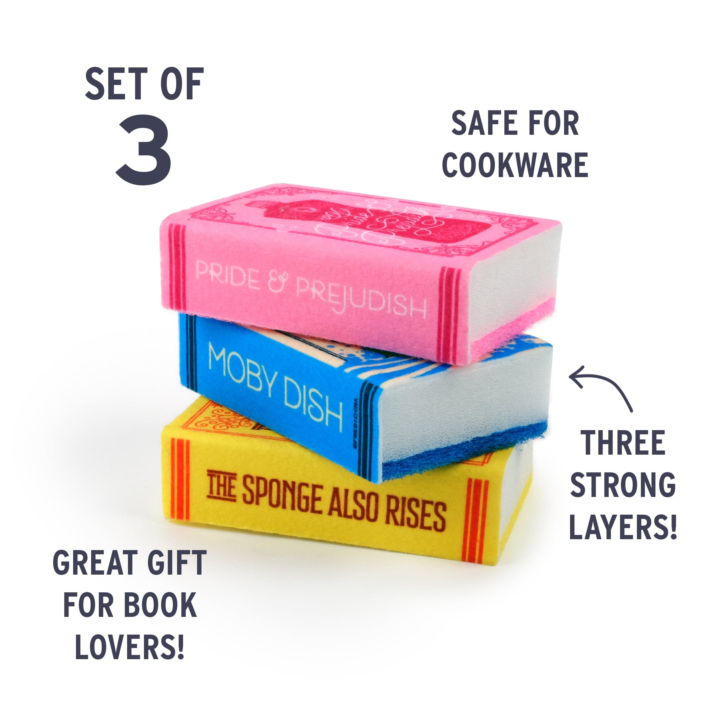 Neat & Novel Book Sponges: Set of 3. Safe for cookware. Three strong layers. Great gift for book lovers!
