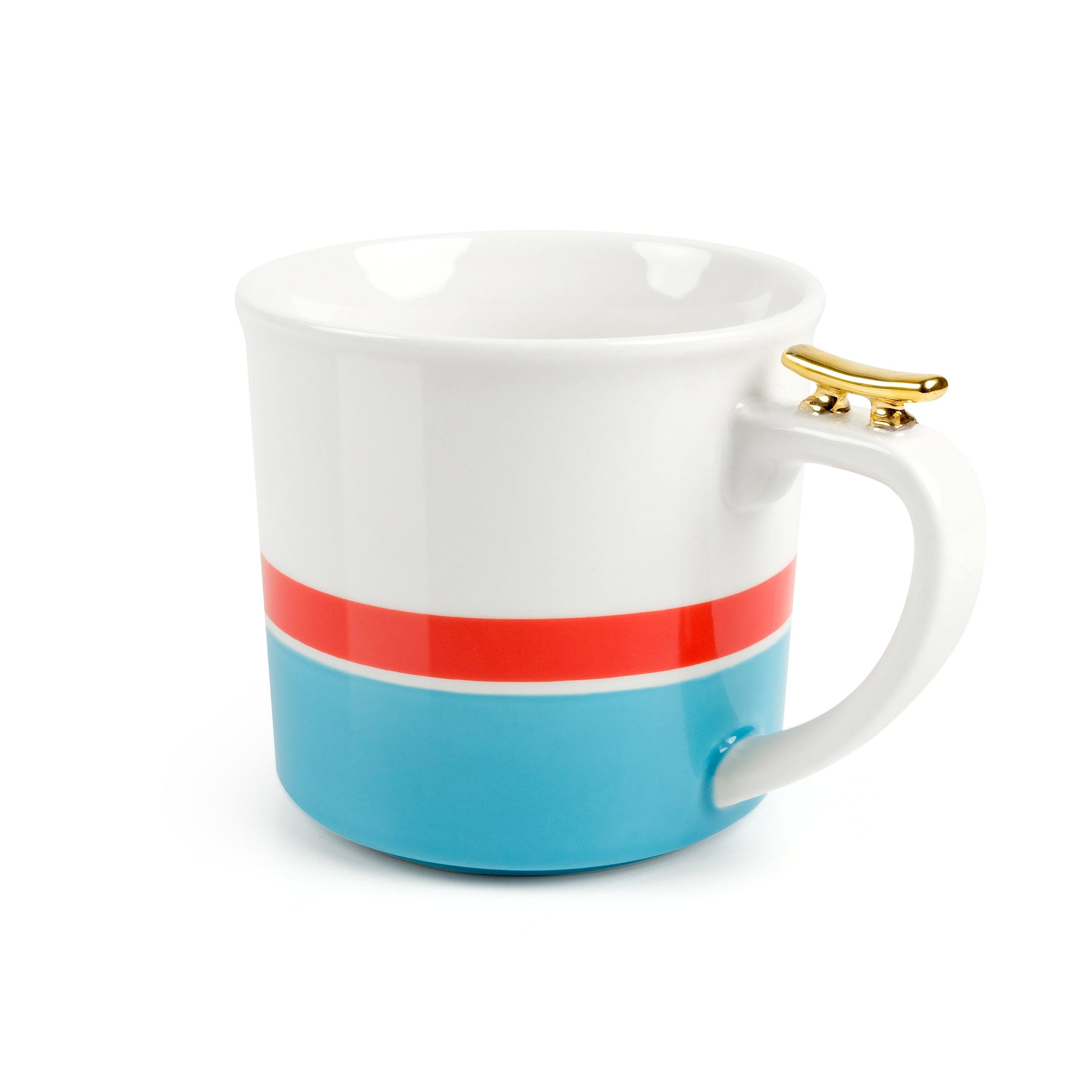 A ceramic mug with blue and red nautical details. There is a miniature gold deck cleat on the handle.