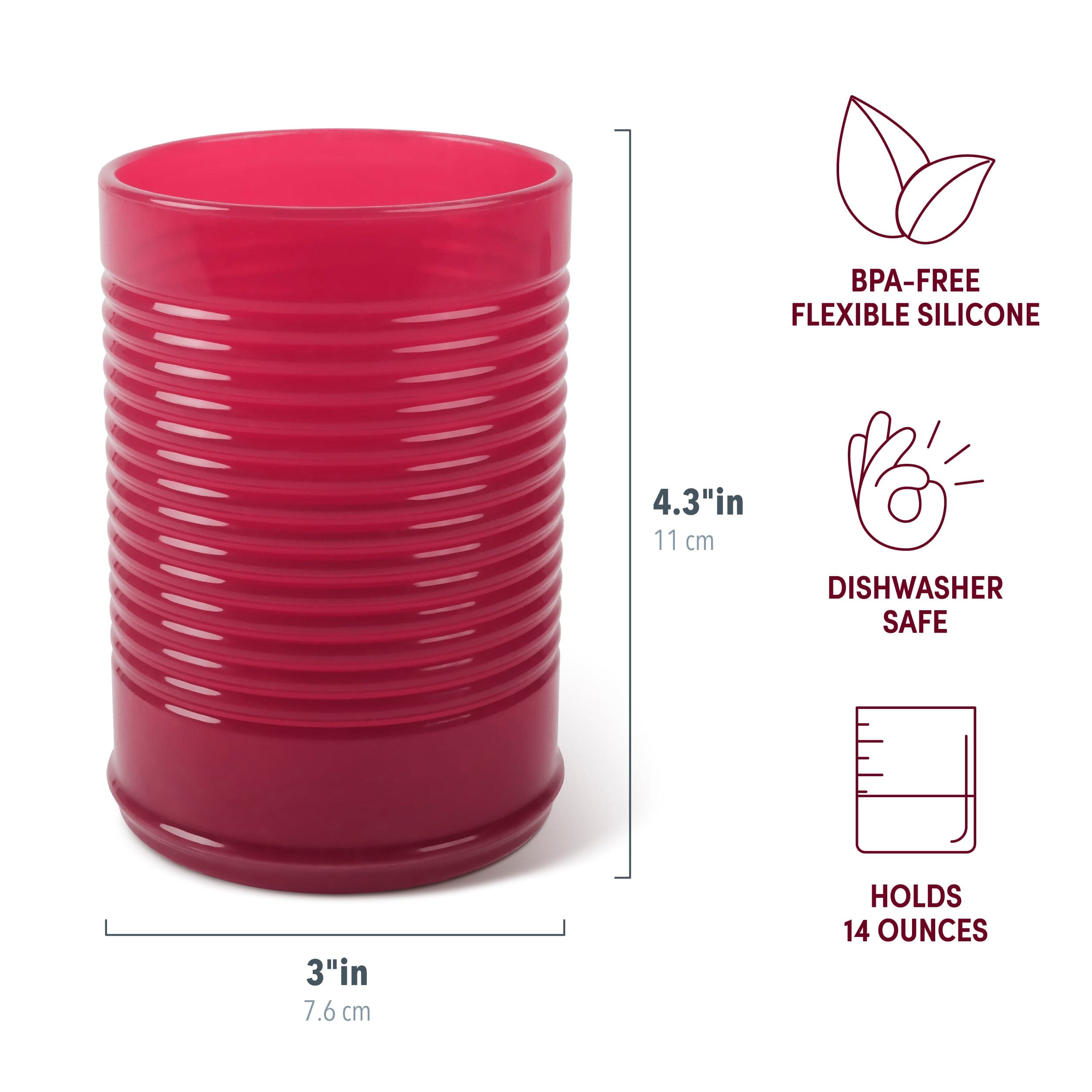 Pink Sauced silicone cranberry cup with measurements and features on a white background. BPA-free flexible silicone. Holds 14 ounces