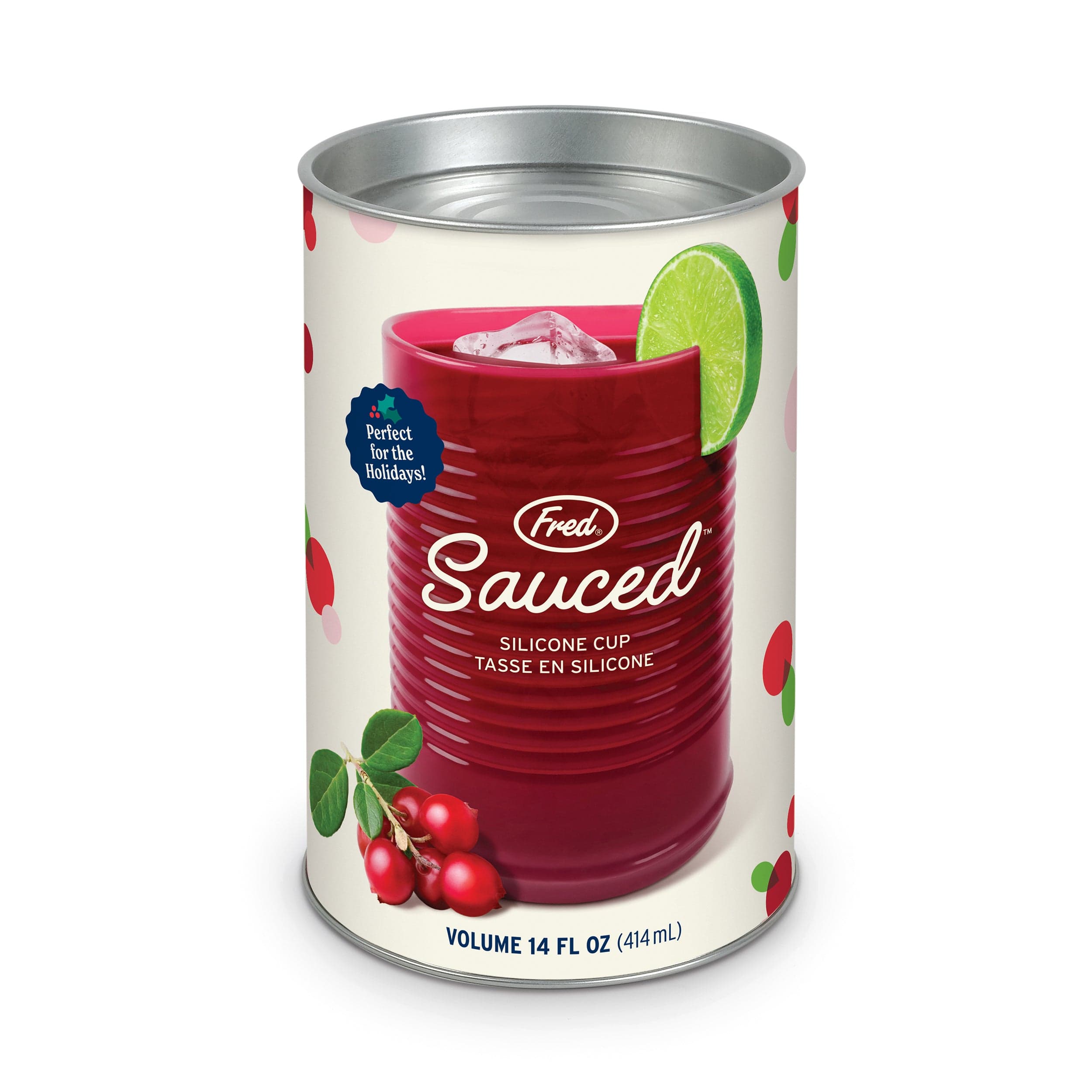 Silicone Sauced Cup packaging with festive design on a white background