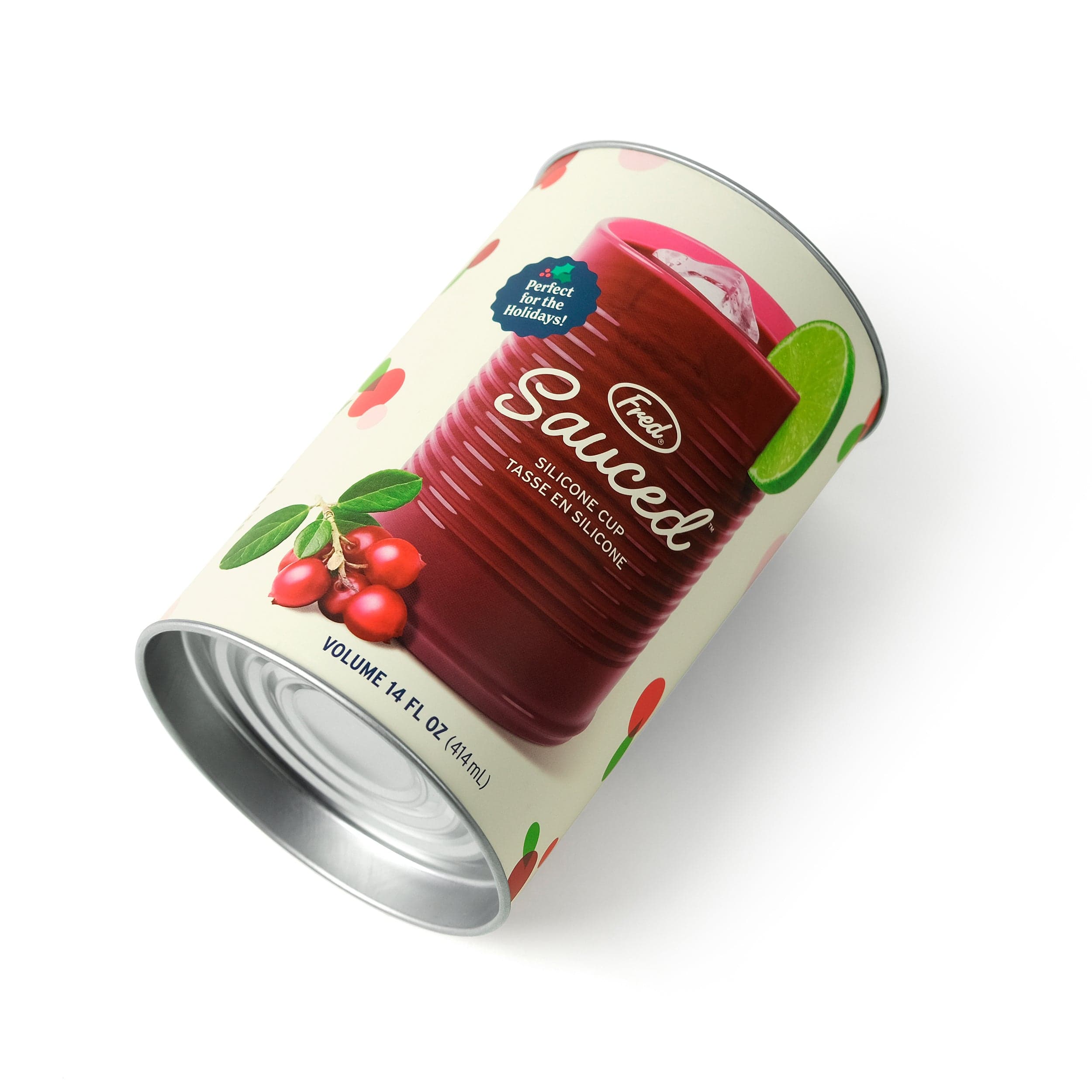 Silicone cup packaging that looks like a tin can with 'Sauced' branding on a white background