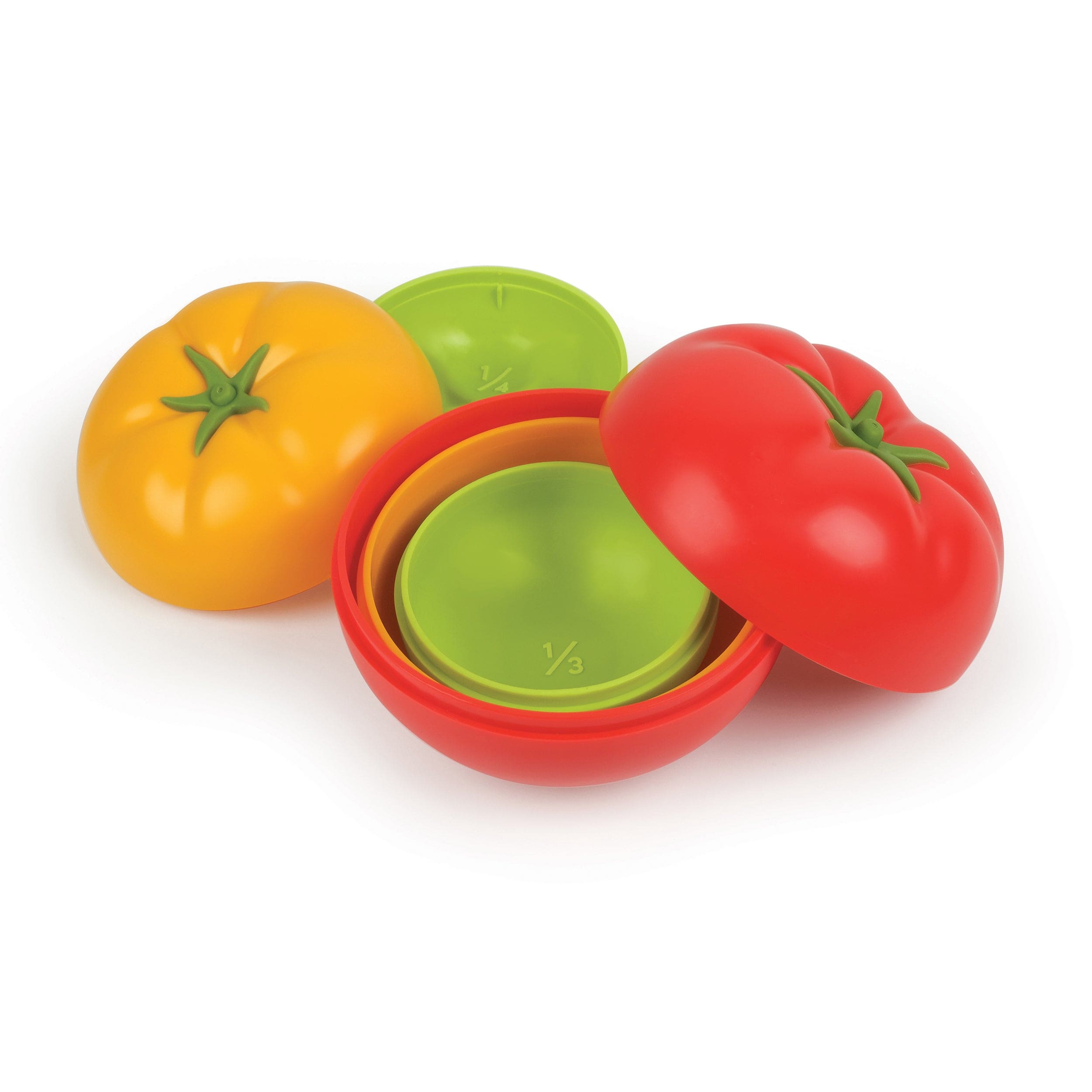 Set of colorful tomato-shaped measuring cups on a white background