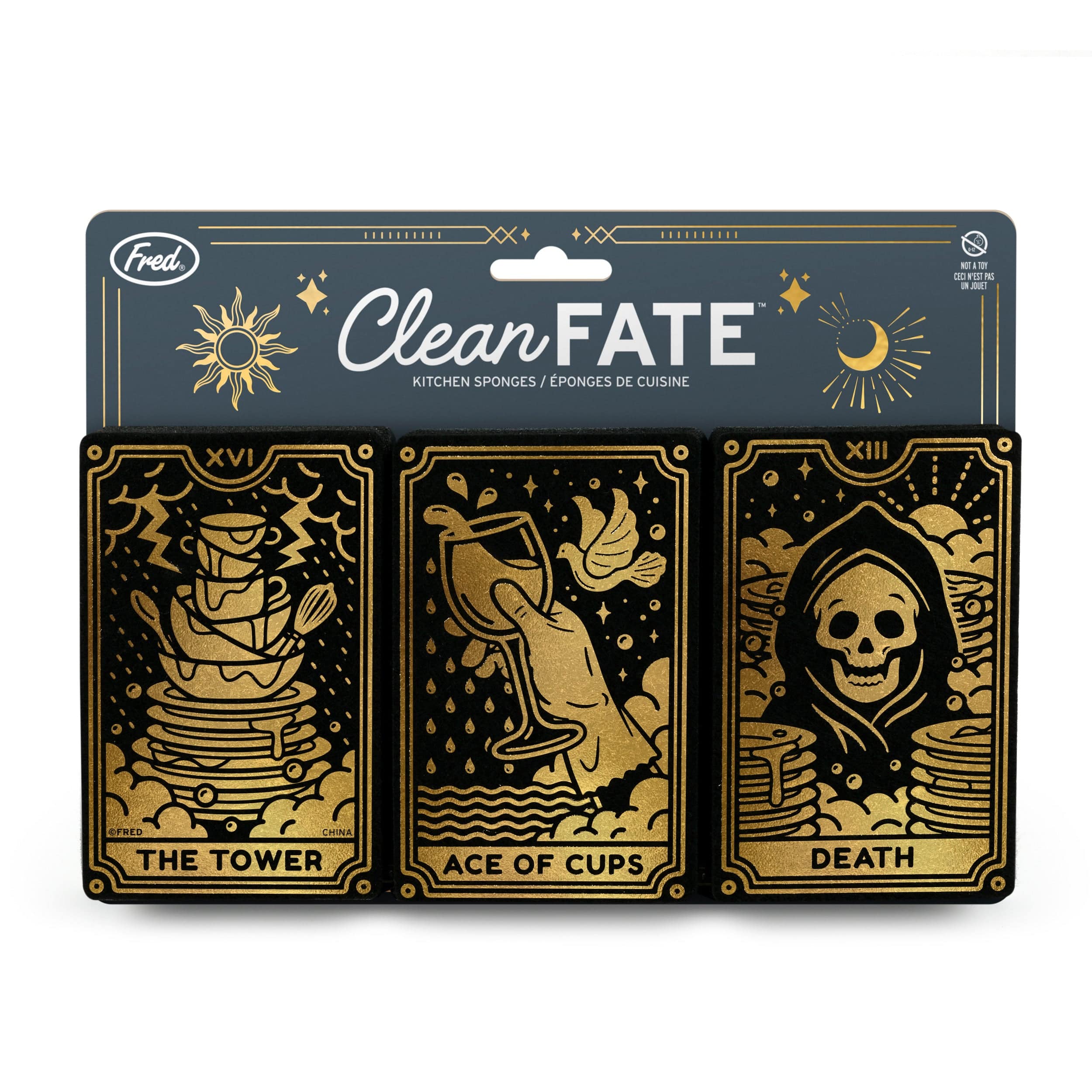 Packaging of Fred brand kitchen sponges with tarot card designs on a white background