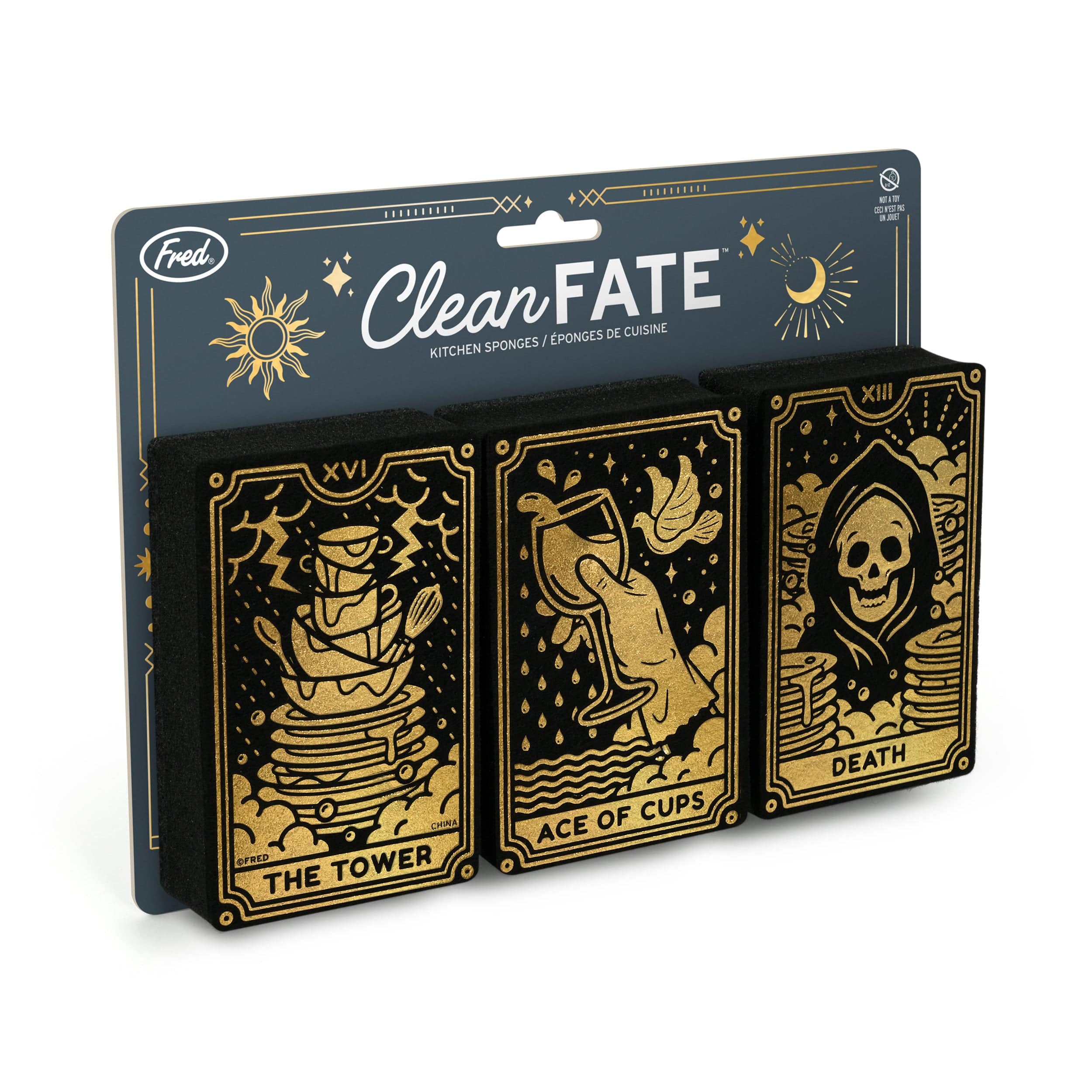 Packaging of kitchen sponges with tarot card designs and 'CleanFate' branding.
