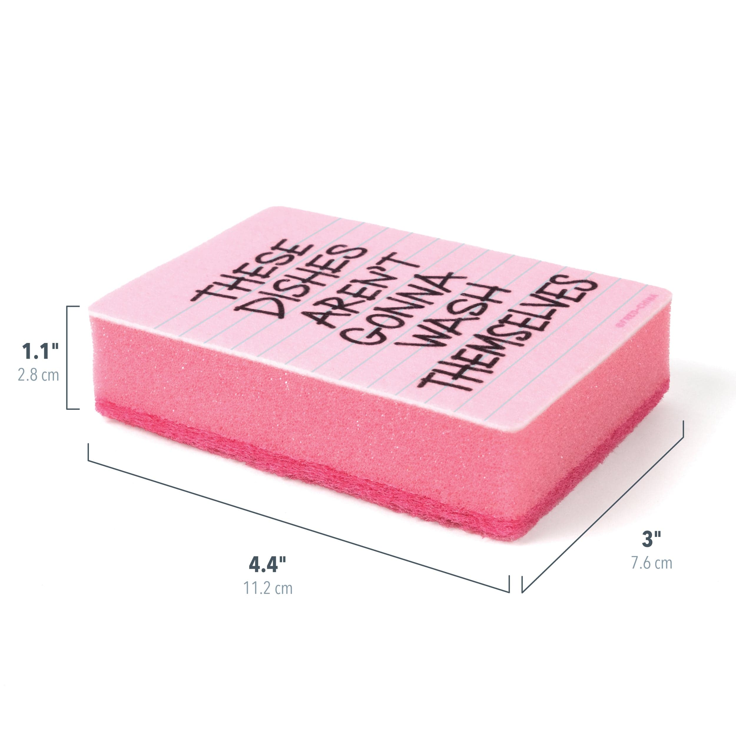Pink sponge with text and measurements on a white background. 4.4x3x1.1"
