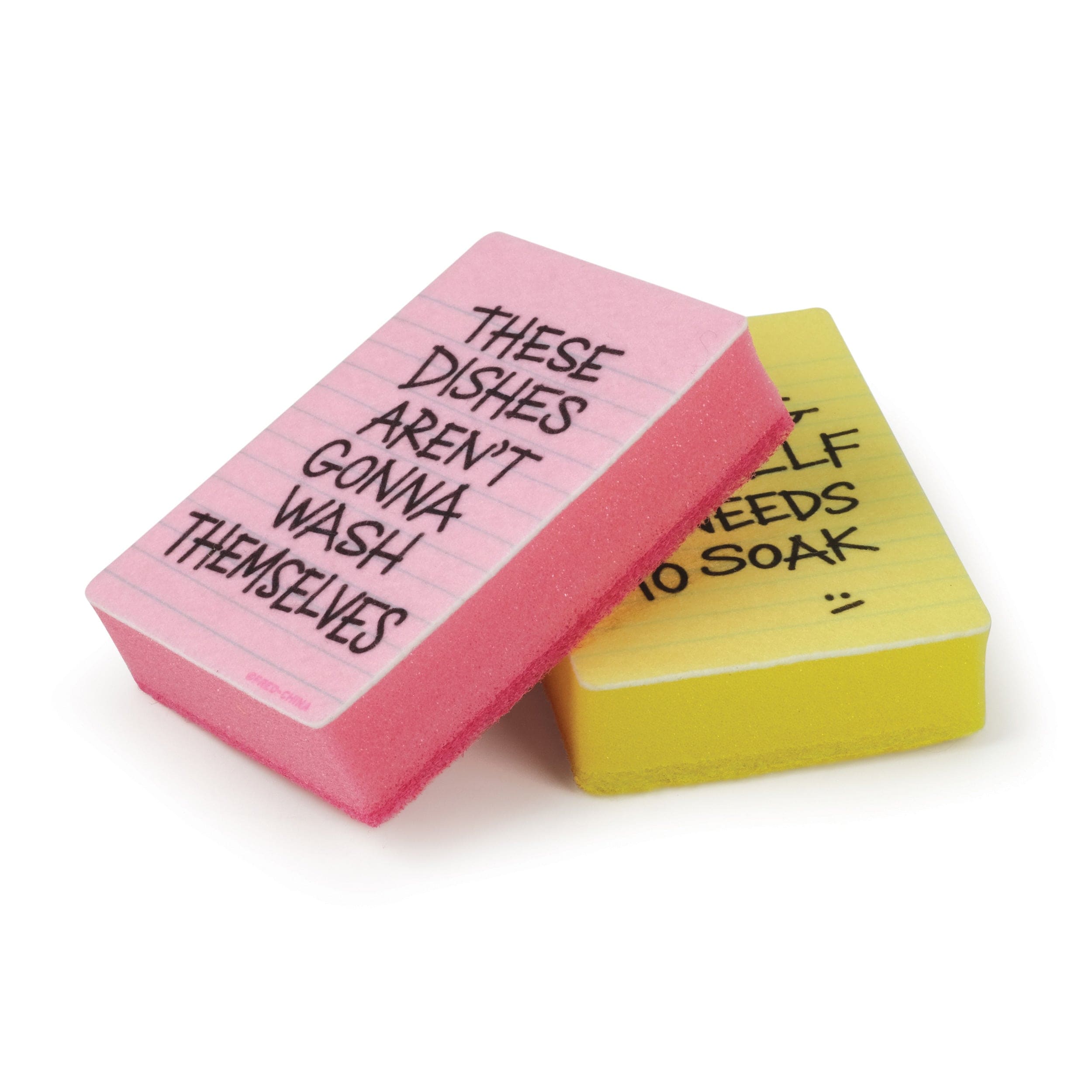 pink and yellow notepad sponges with humorous text on a white background
