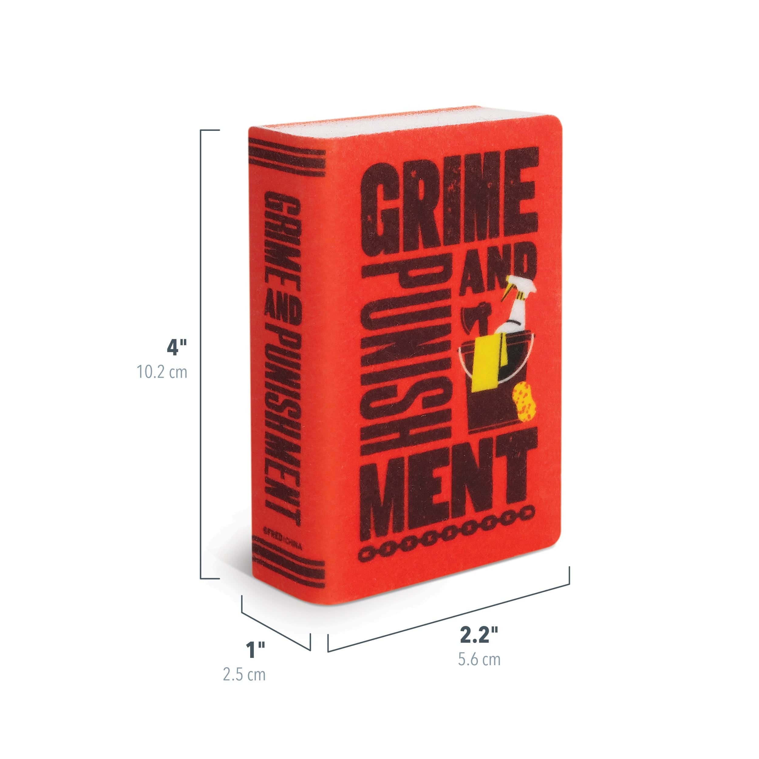 Red book titled 'Grime and Punishment' with dimensions displayed on a white background. 2.2" x 1" x 4"