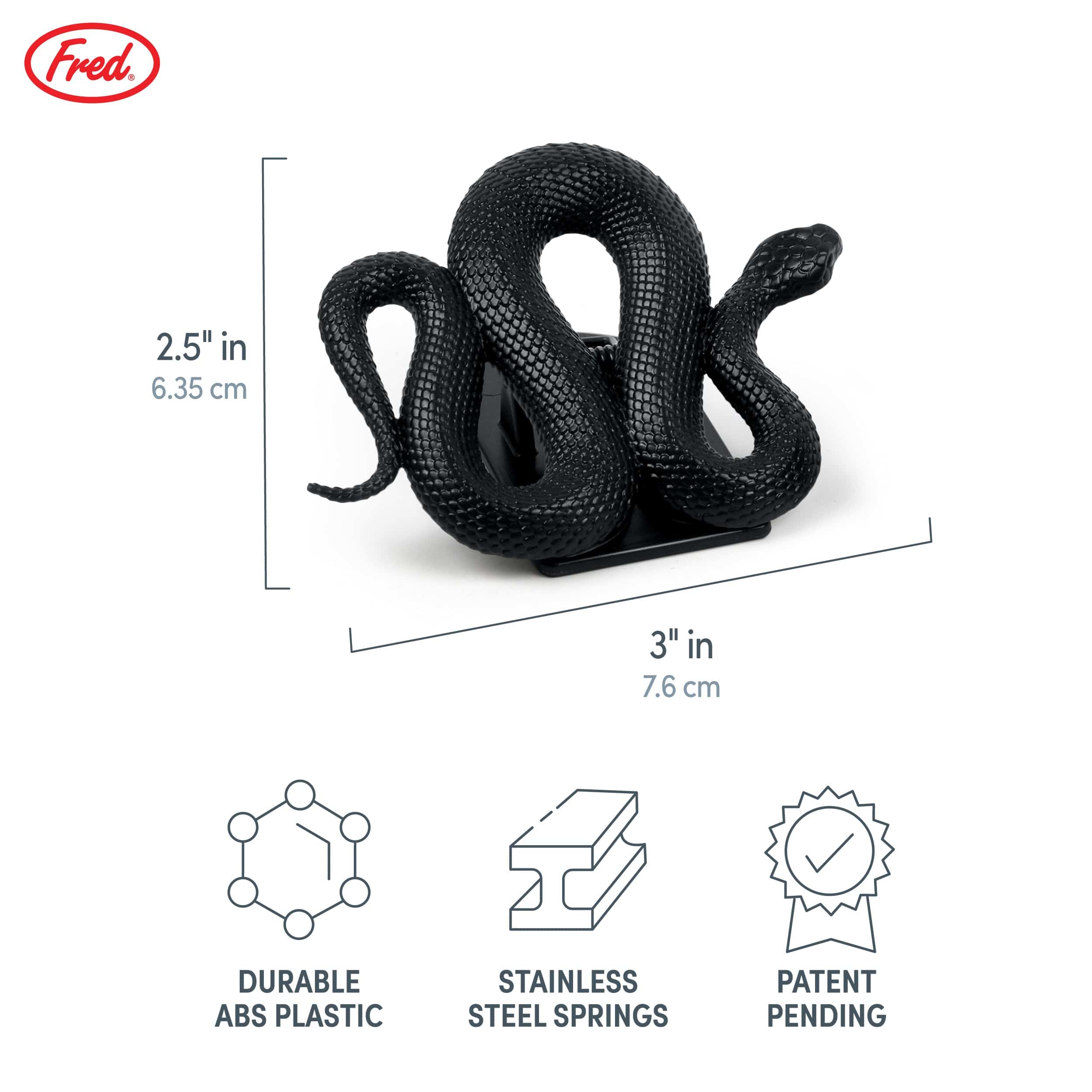 Black snake-shaped product with dimensions and product features on a white background. Durable ABS plastic, stainless steel springs, patent pending