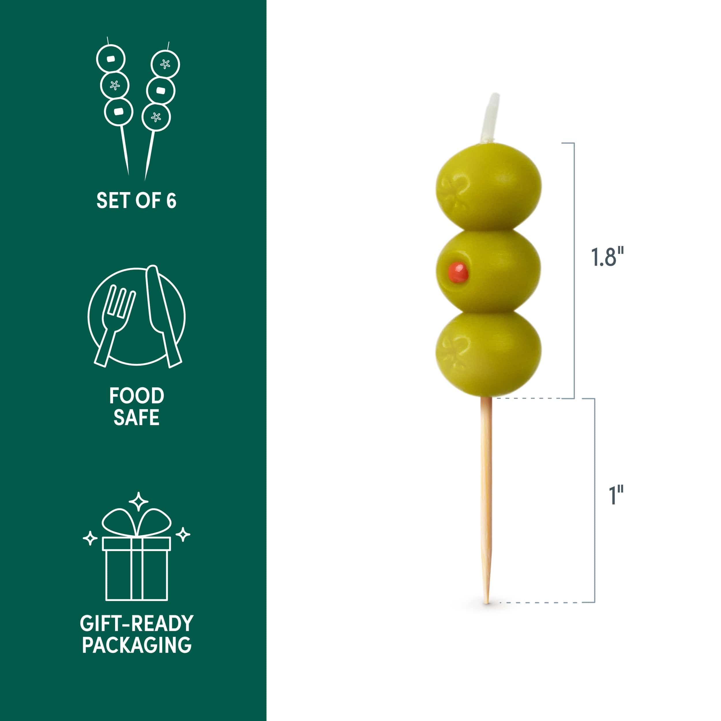 Olive party candle with green olives and a red pimento, on a white background with value properties such as Set of 6, Food Safe, Gift-Ready Packaging, and dimensions (2.8" tall)