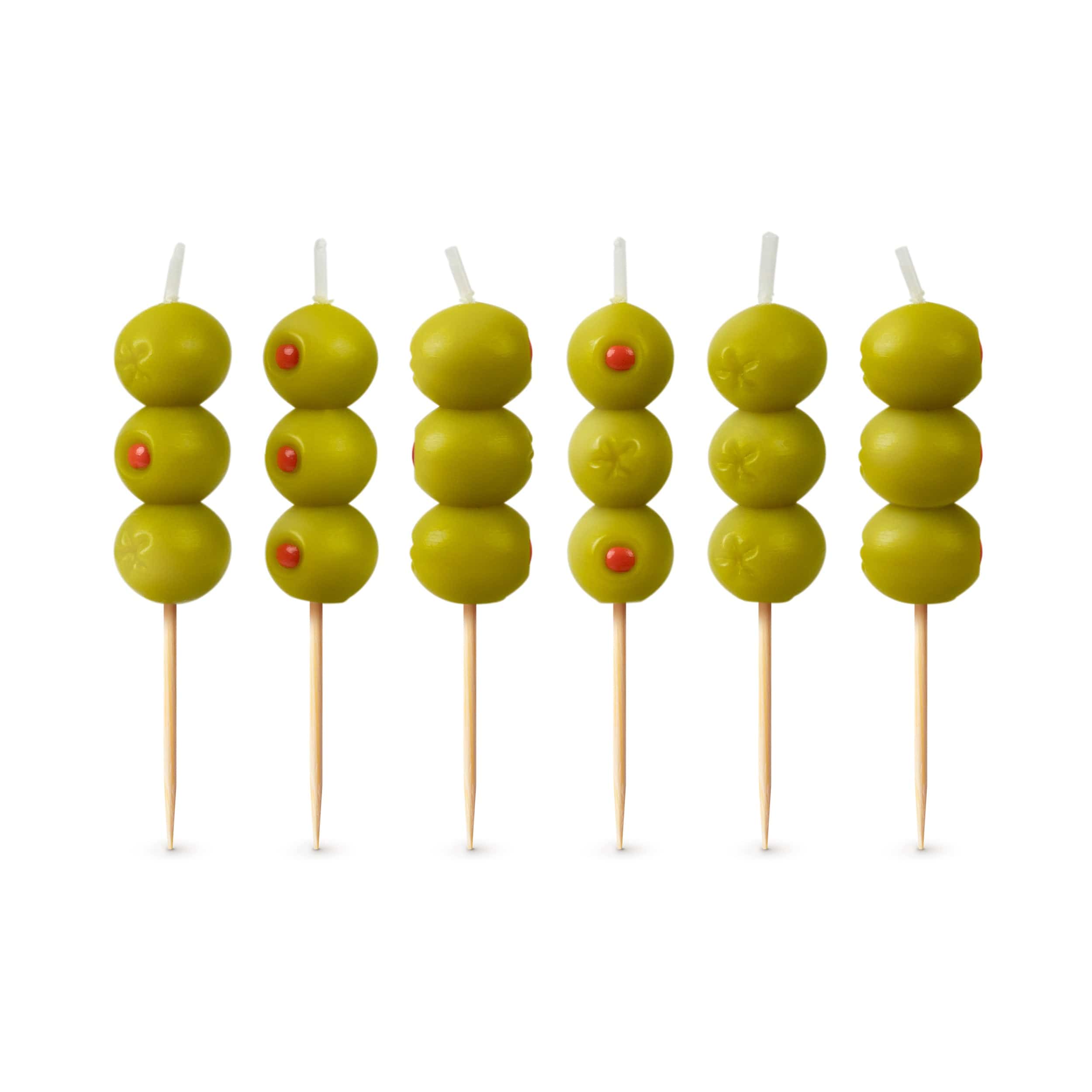 A set of 6 party candles that looks like green cocktail olives and red peppers on a white background