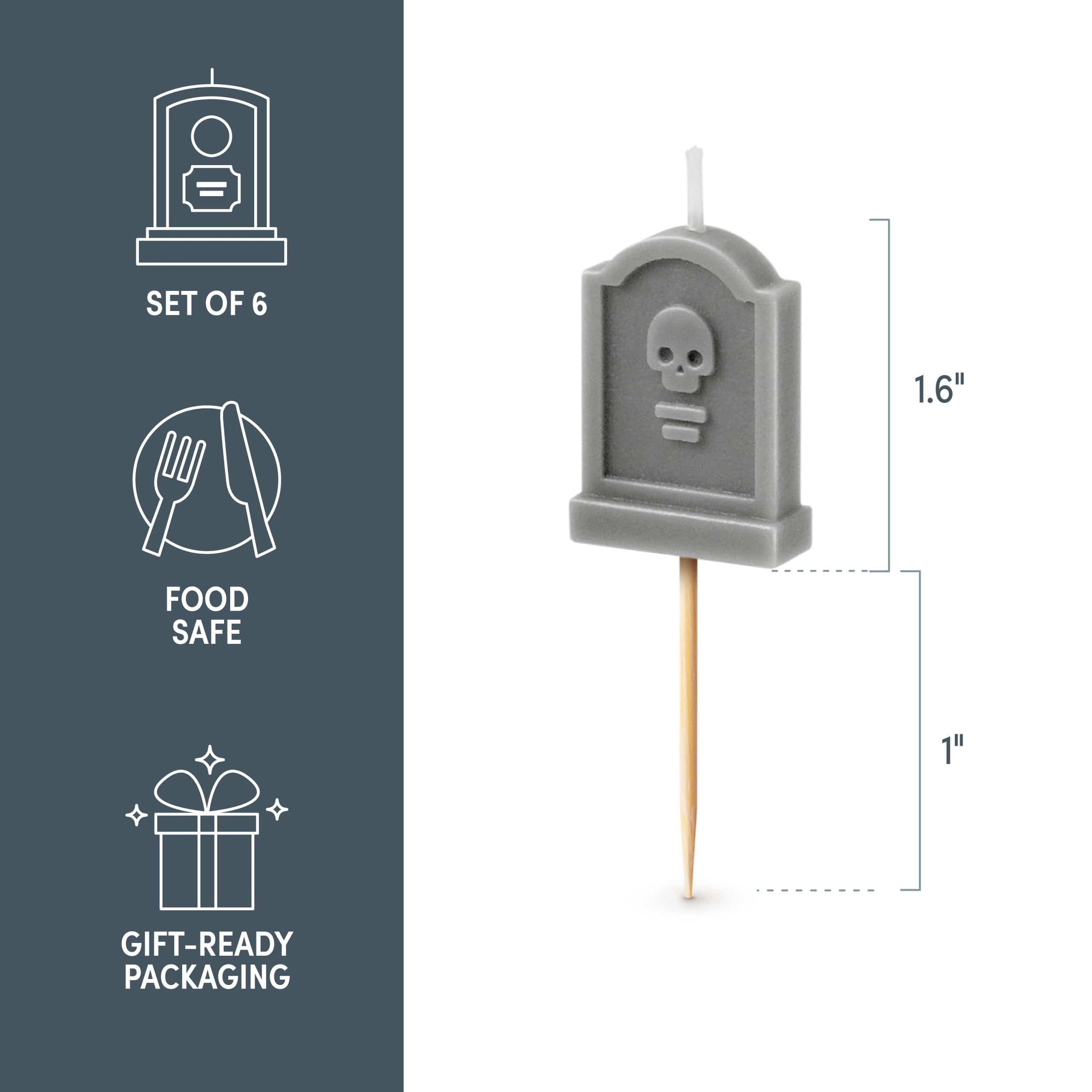 Gray tombstone-shaped candle on a stick with dimensions and safety features on a gray background. Set of 6, Food Safe, Gift-Ready Packaging