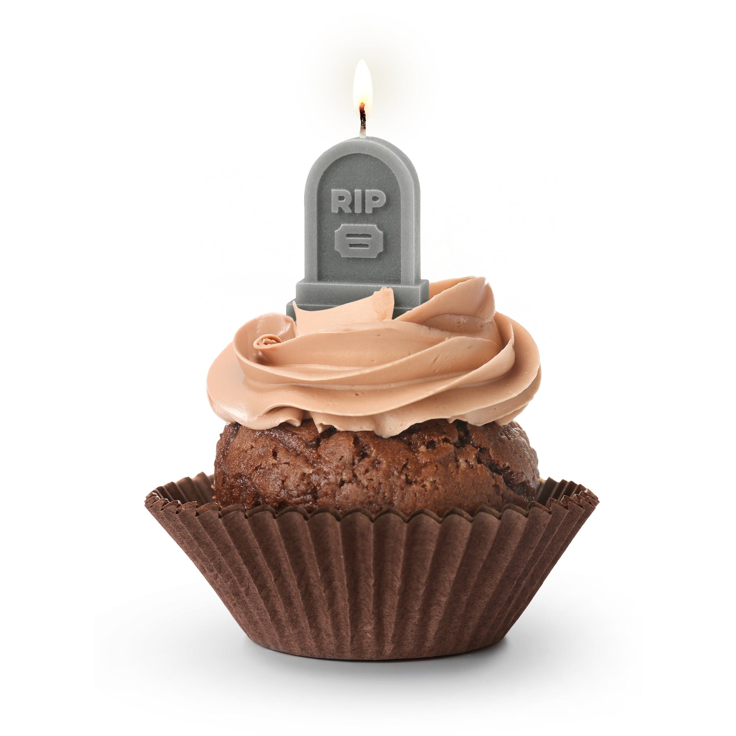 Cupcake with a 'RIP' tombstone candle on a white background