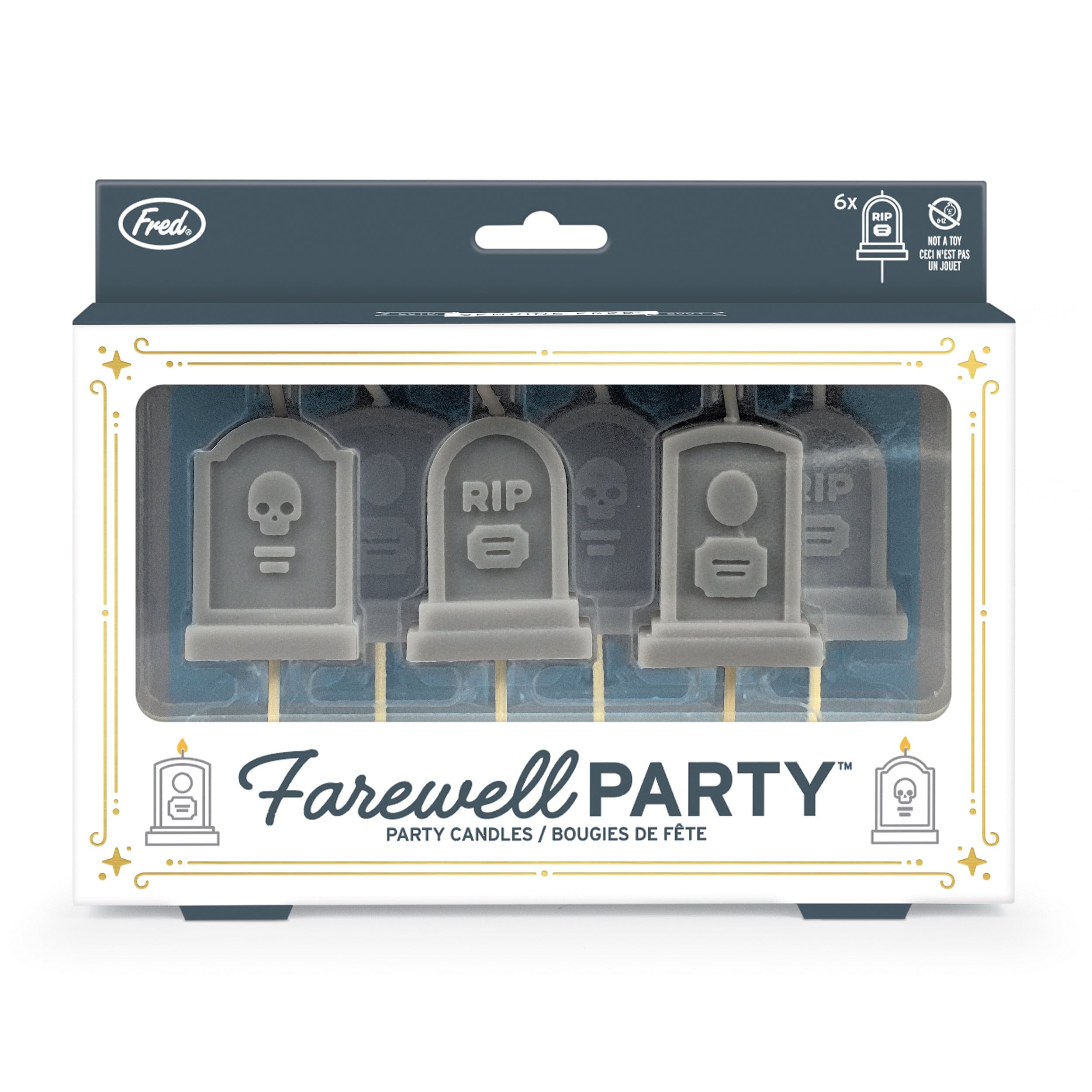 Packaging of 'Farewell Party' party candles with gray tombstone-shaped candles.