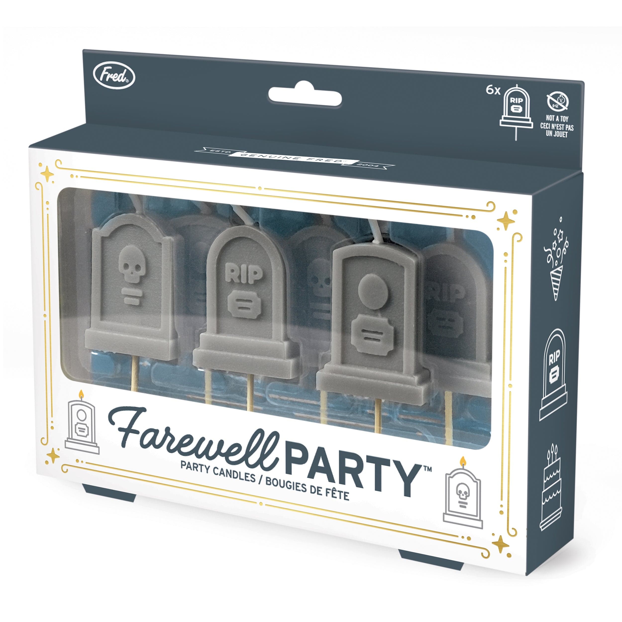 Packaging of 'Farewell Party' party candles with tombstone designs on a white background.