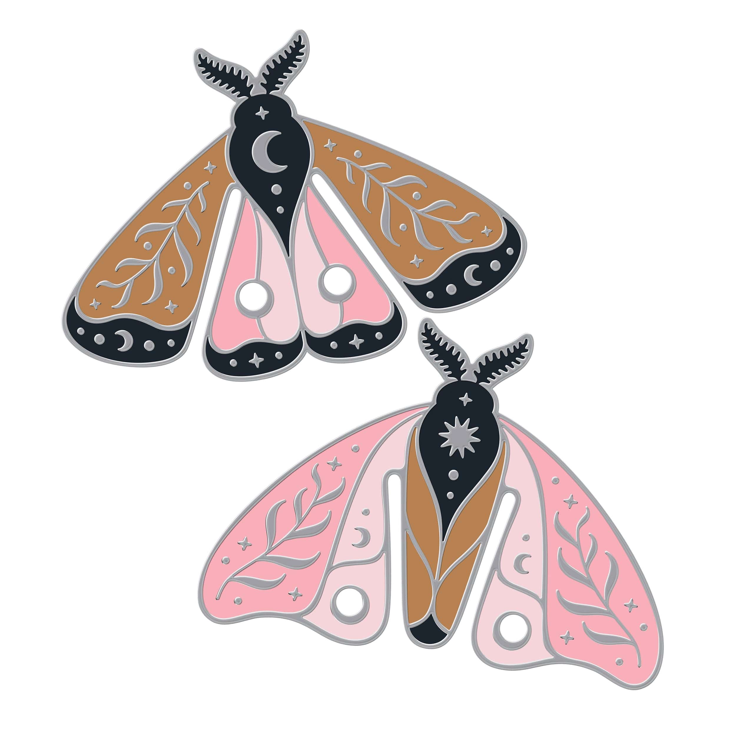 Two moth-shaped bookmarks with celestial decorative wings on a white background