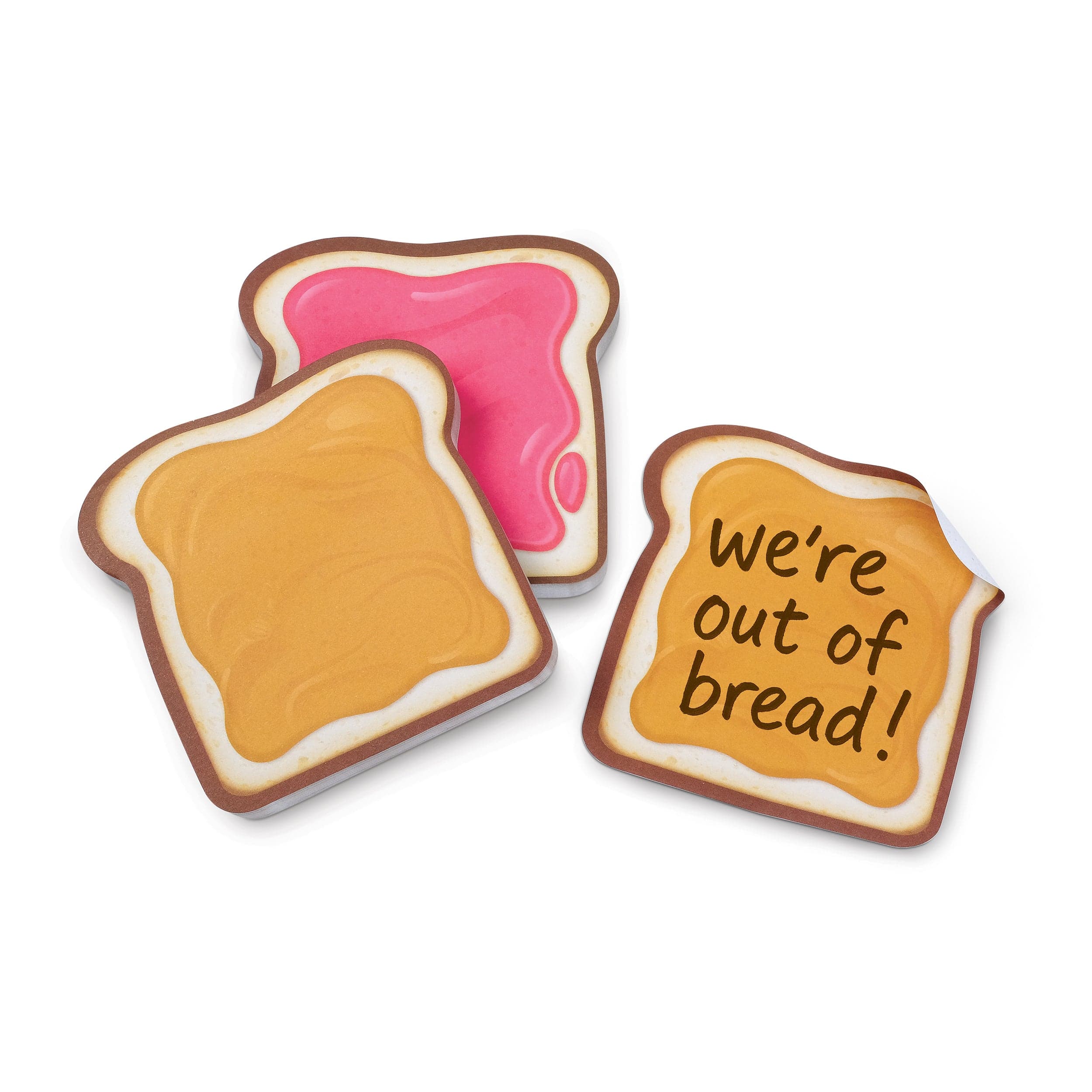Two pads of sticky notes shaped like slices of bread with peanut butter and jelly on a white background.. One says 'We're out of bread!' in handwriting