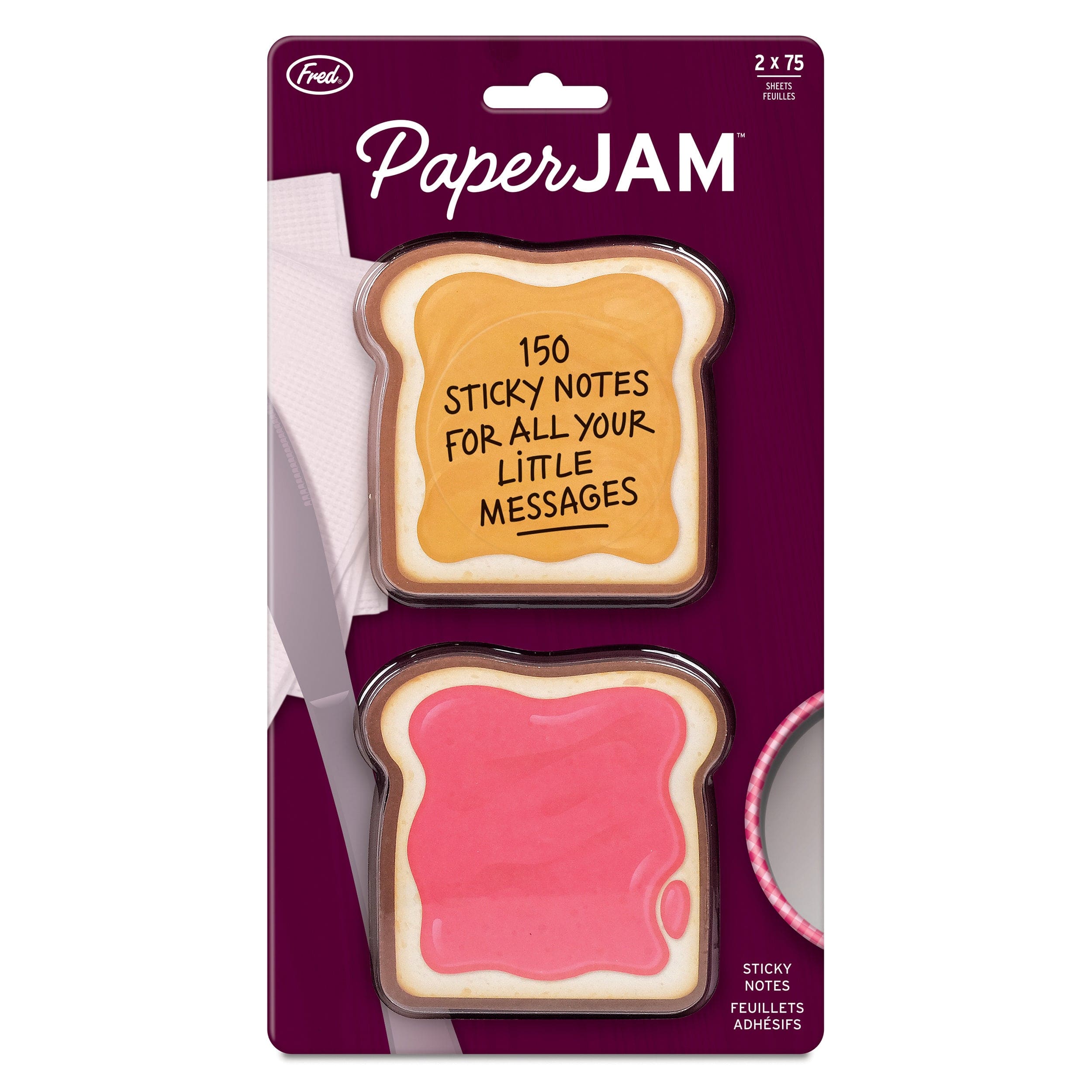 Packaged product of Paper Jam sticky notes with bread design on a purple background