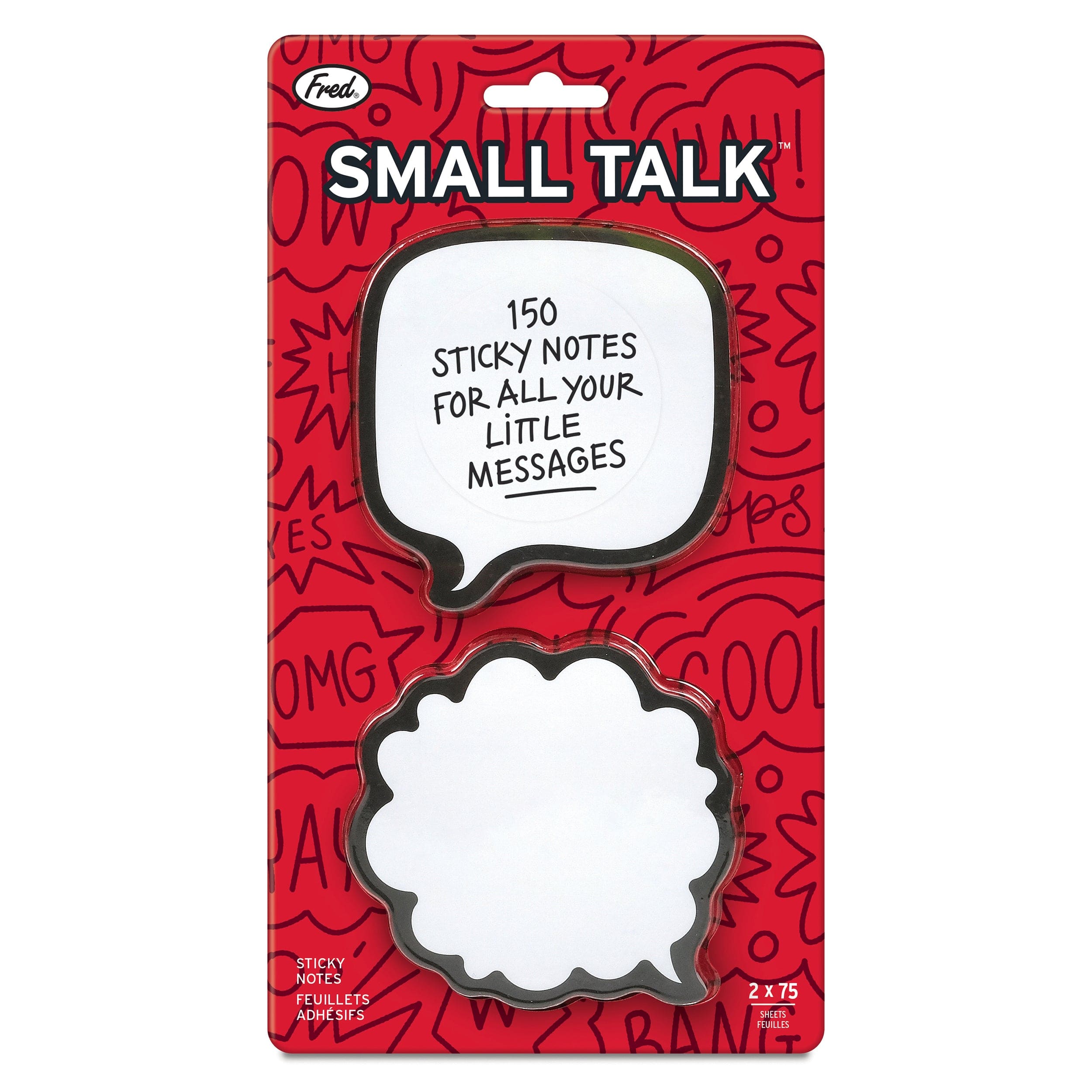 Packaged 'Small Talk' sticky notes with a red background and white text.