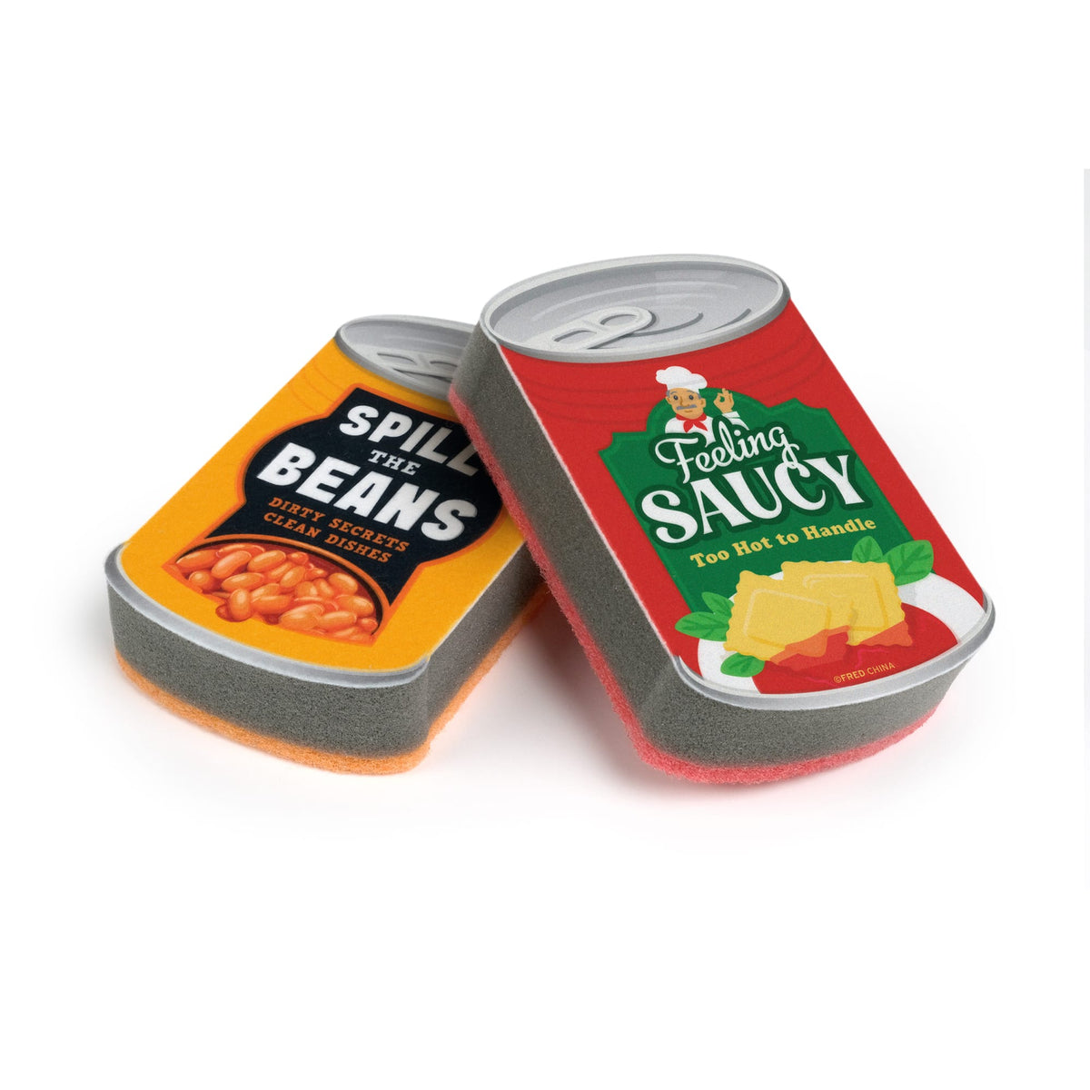 Diagonal view of CAN DO cans with orange and red labels Spill the Beans and Feeling Saucy leaning together