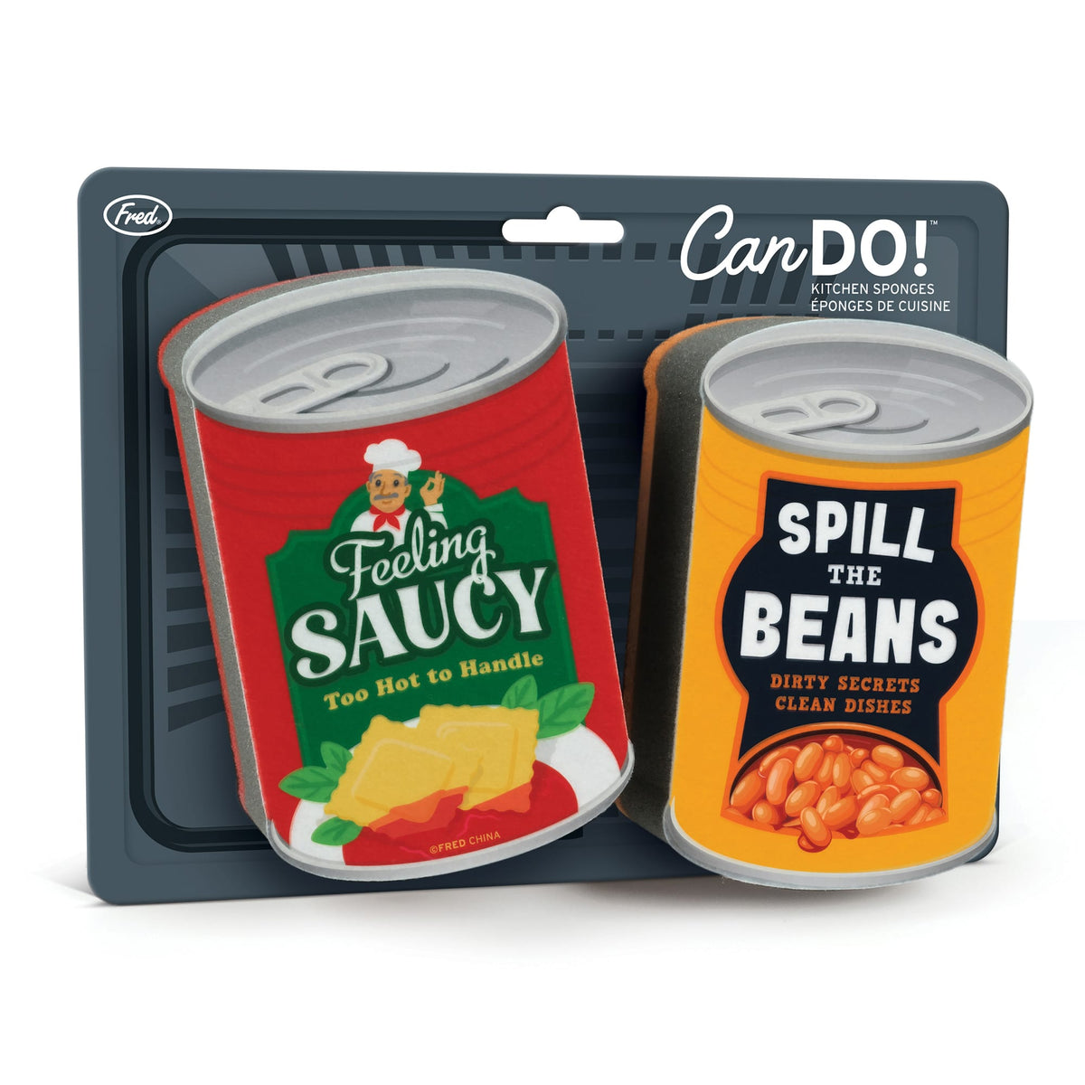 Close up of Can DO kitchen sponges packaging showing Fred logo and Can DO text
