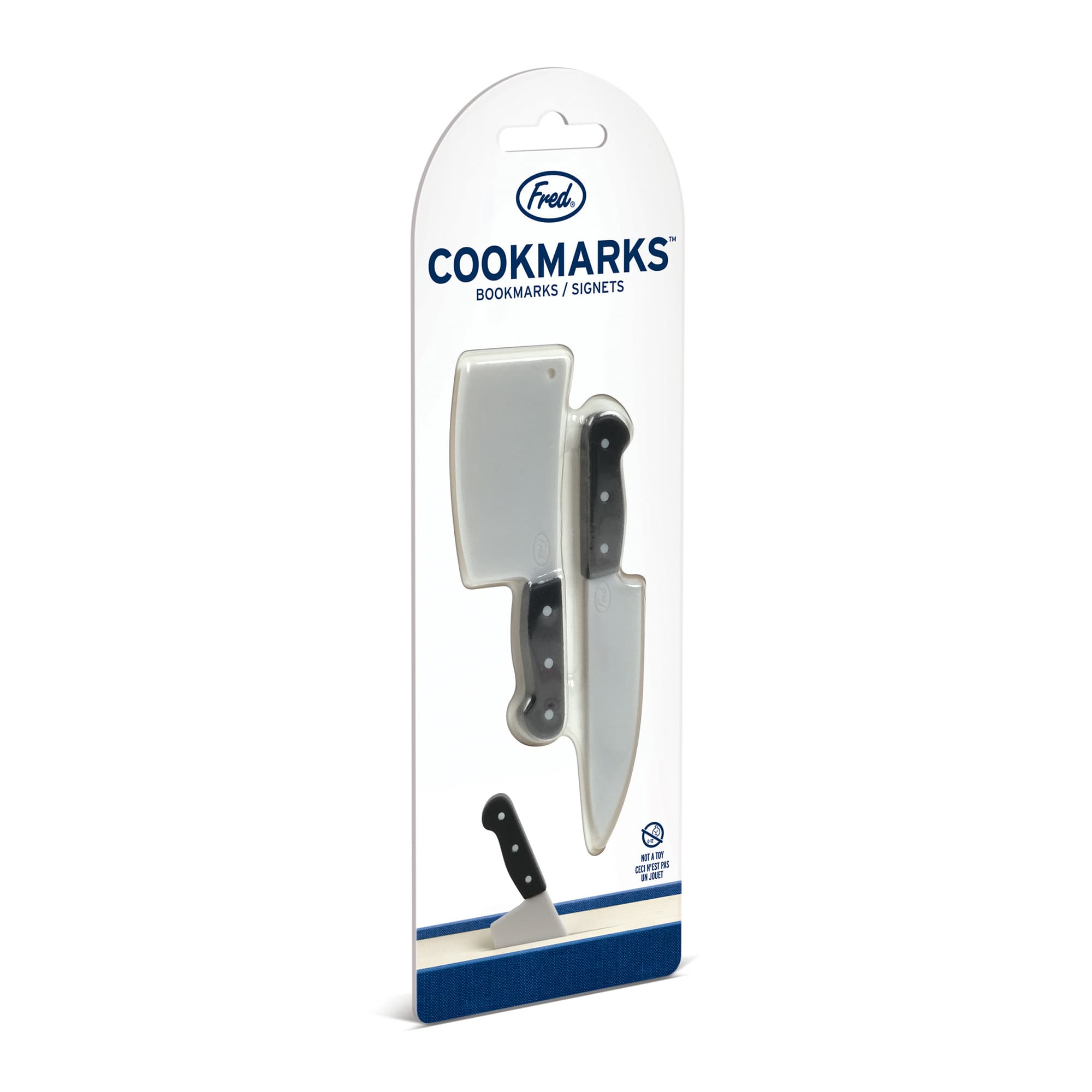 A packaged set of two Cookmarks chef knife bookmarks, including a cleaver and a knife, mounted on a white retail card with blue branding. Great gift under $10 for home chefs, cooks, and cookbook lovers.