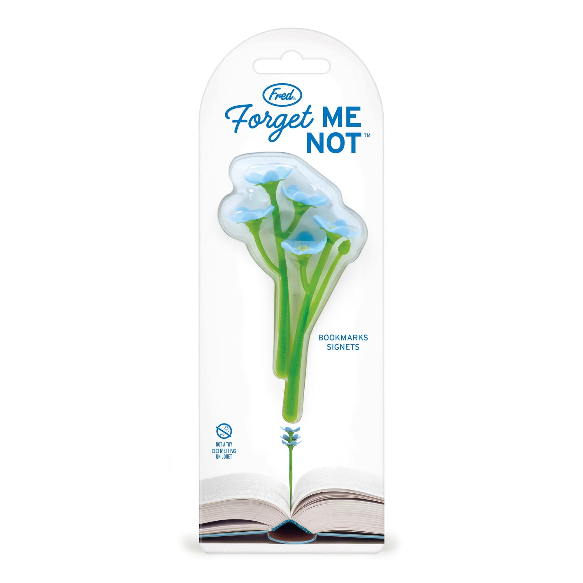 Packaging of 'Forget Me Not' bookmarks with floral design on a white background