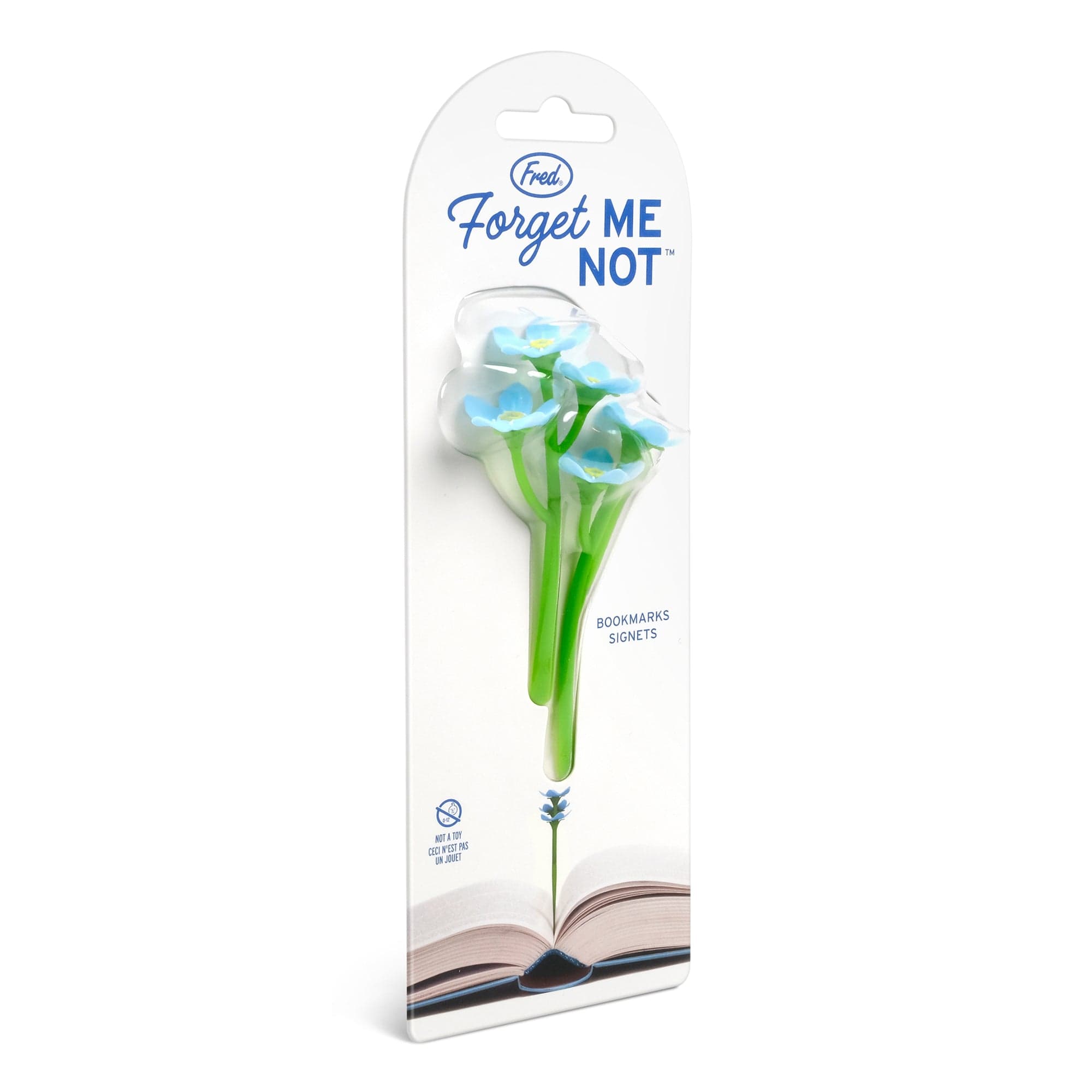 Packaging of 'Forget Me Not' bookmarks with floral design on a white background