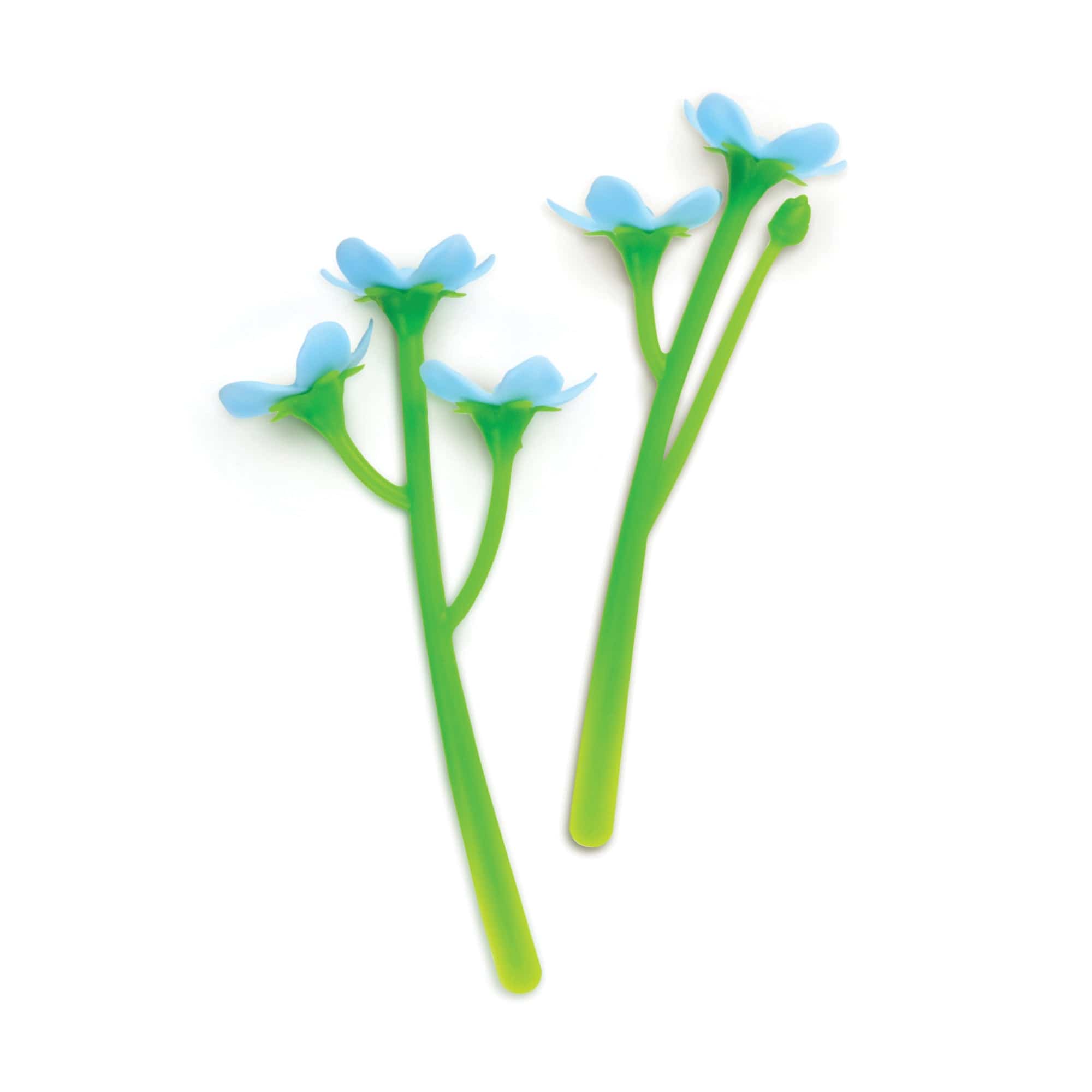 Two green flower-shaped bookmarks with blue petals on a white background