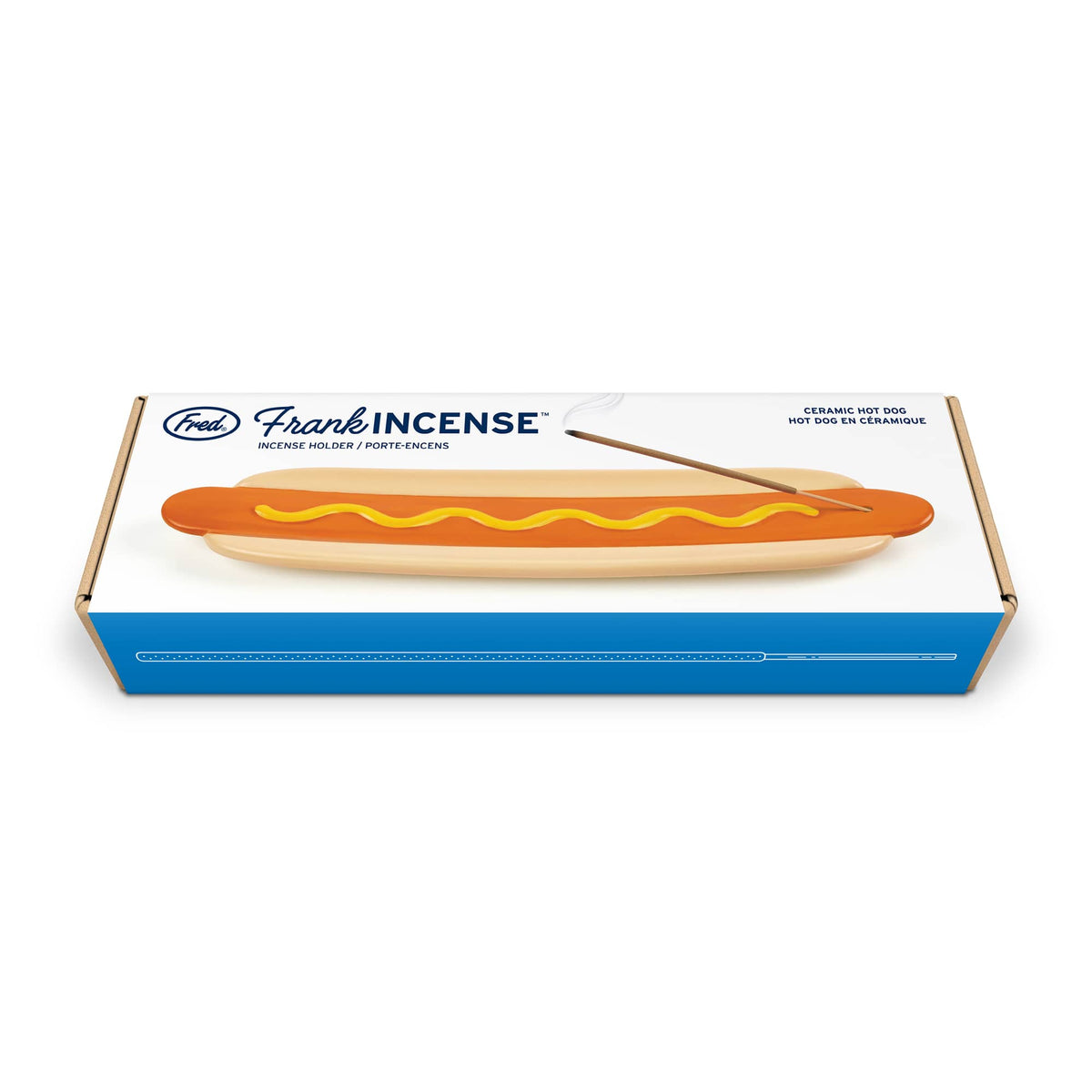 Frank INCENSE packaging on white background with a partial view of the hot dog incense holder at the bottom edge