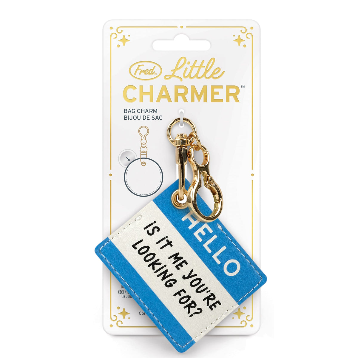 Gold lobster clasp and chain on a white Little Charmer Hello packaging card.