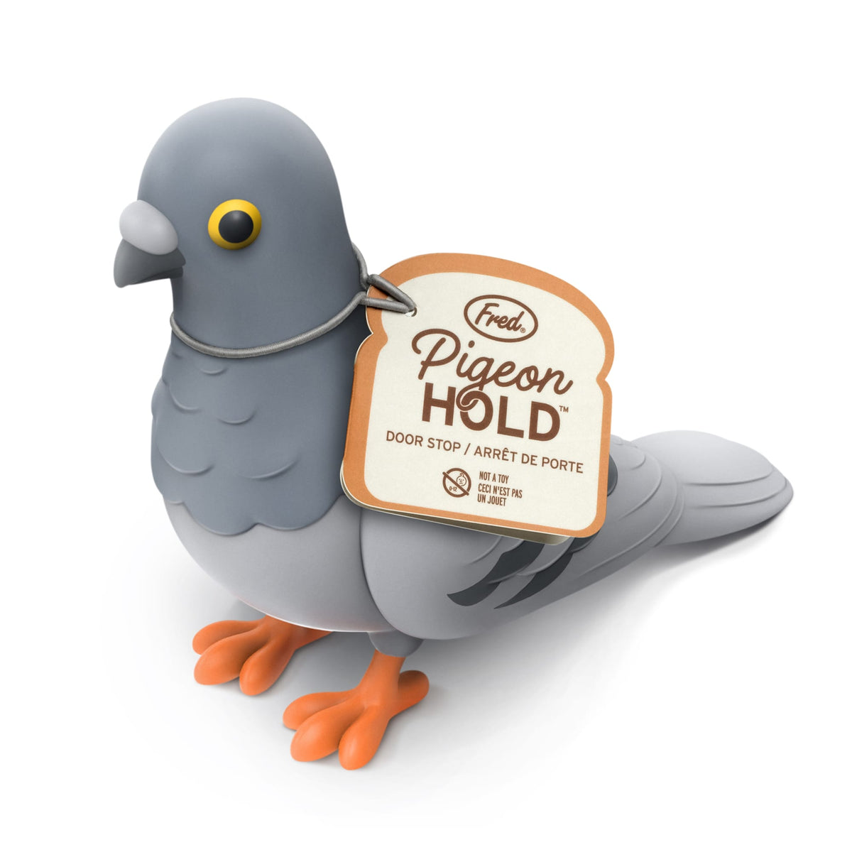 Close up of grey pigeon figure with yellow eye and Pigeon Hold tag