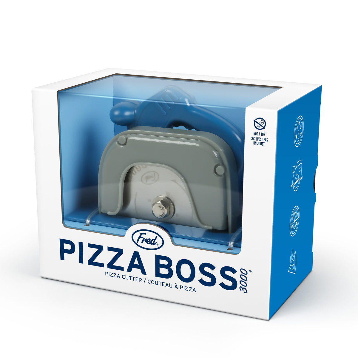 Front of the Pizza Boss 3000 box with a clear window and bold blue text