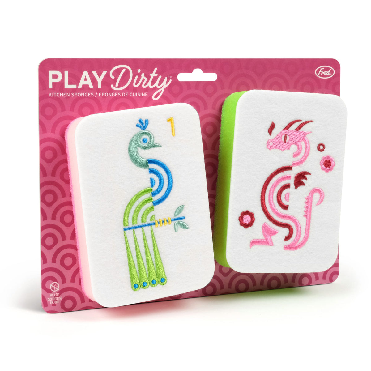 Two embroidered sponges toast and butter designs on pink packaging