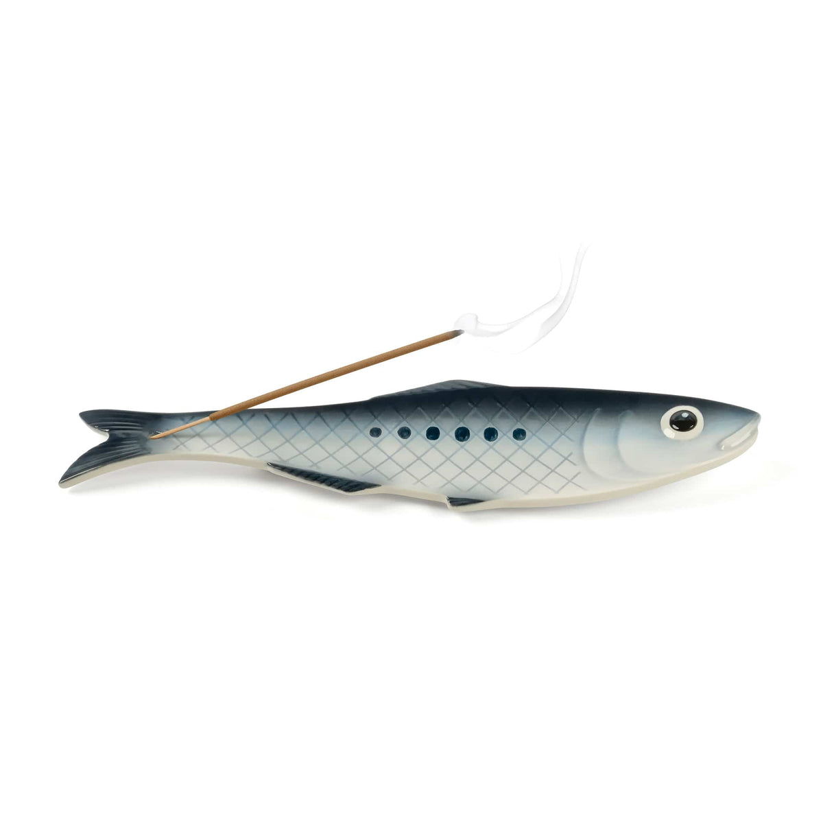 Reel Calm blue fish shaped incense holder with a wooden incense stick laid along its back