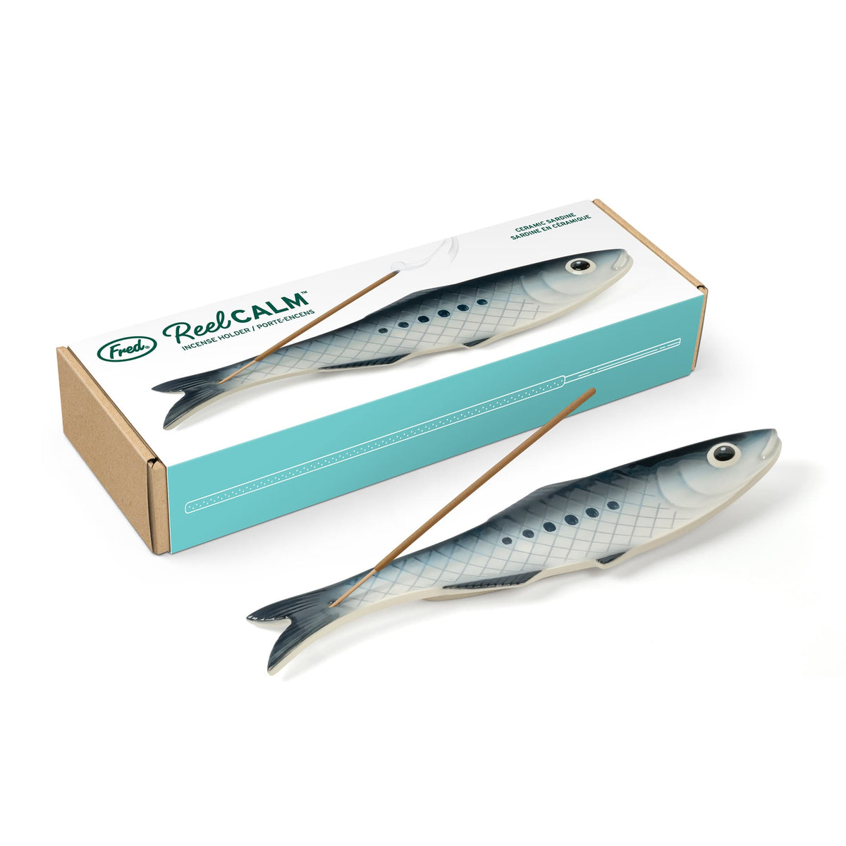 Angled view of Reel Calm incense holder box featuring a lifelike fish graphic and turquoise base panel.