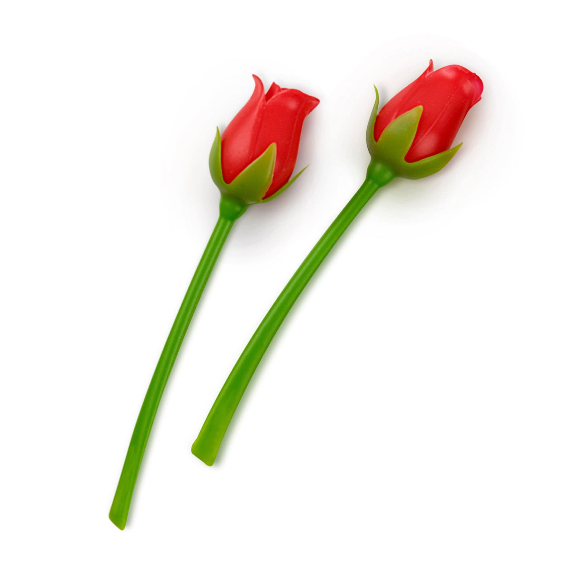 Bookmarks. Two red rose buds on green stems against a white background
