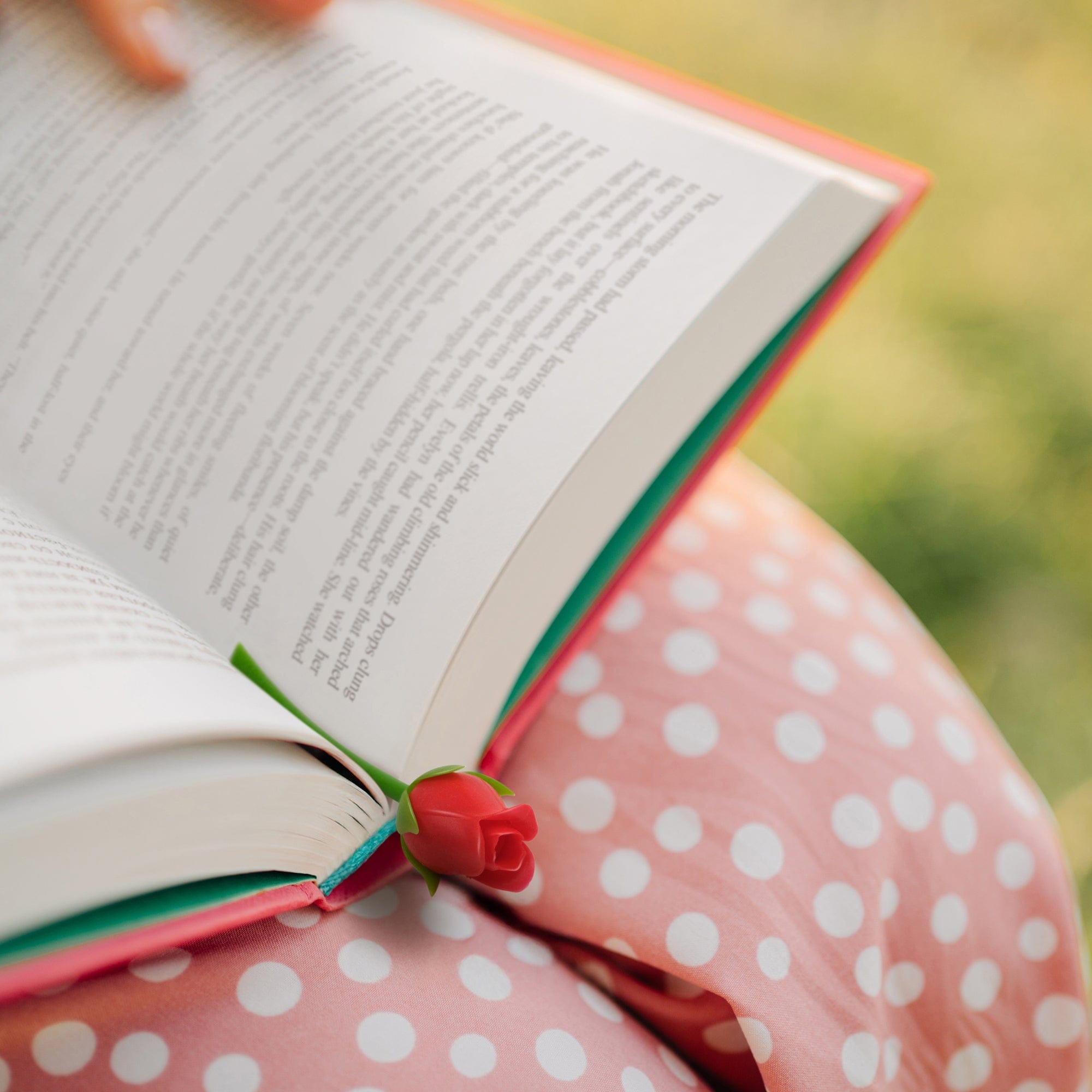Open book with a rose flower bookmark on a polka dot fabric background