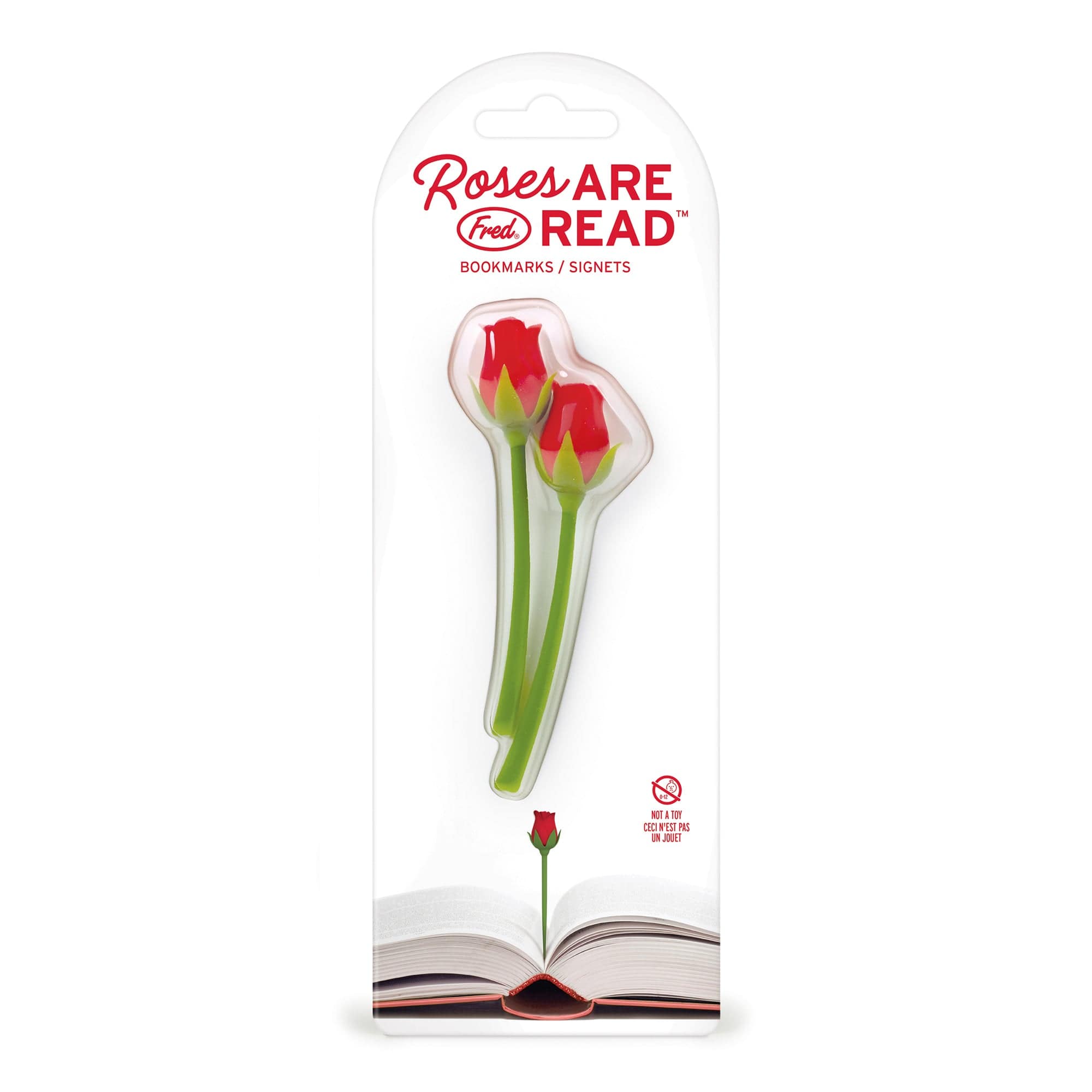 Packaging of 'Roses Are Read' bookmarks with red roses on a white background