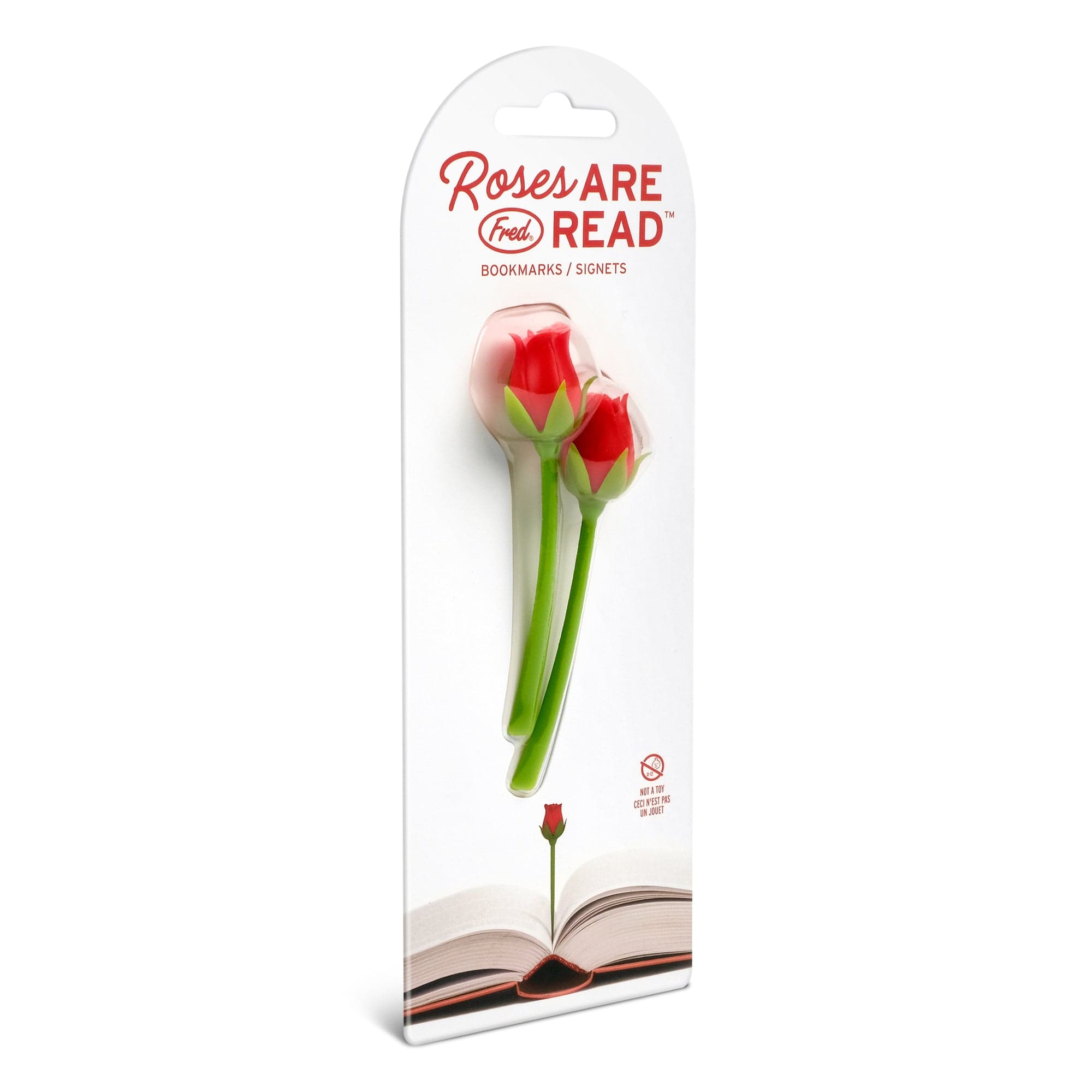 Packaging of 'Roses Are Read' bookmarks with red roses on a white background