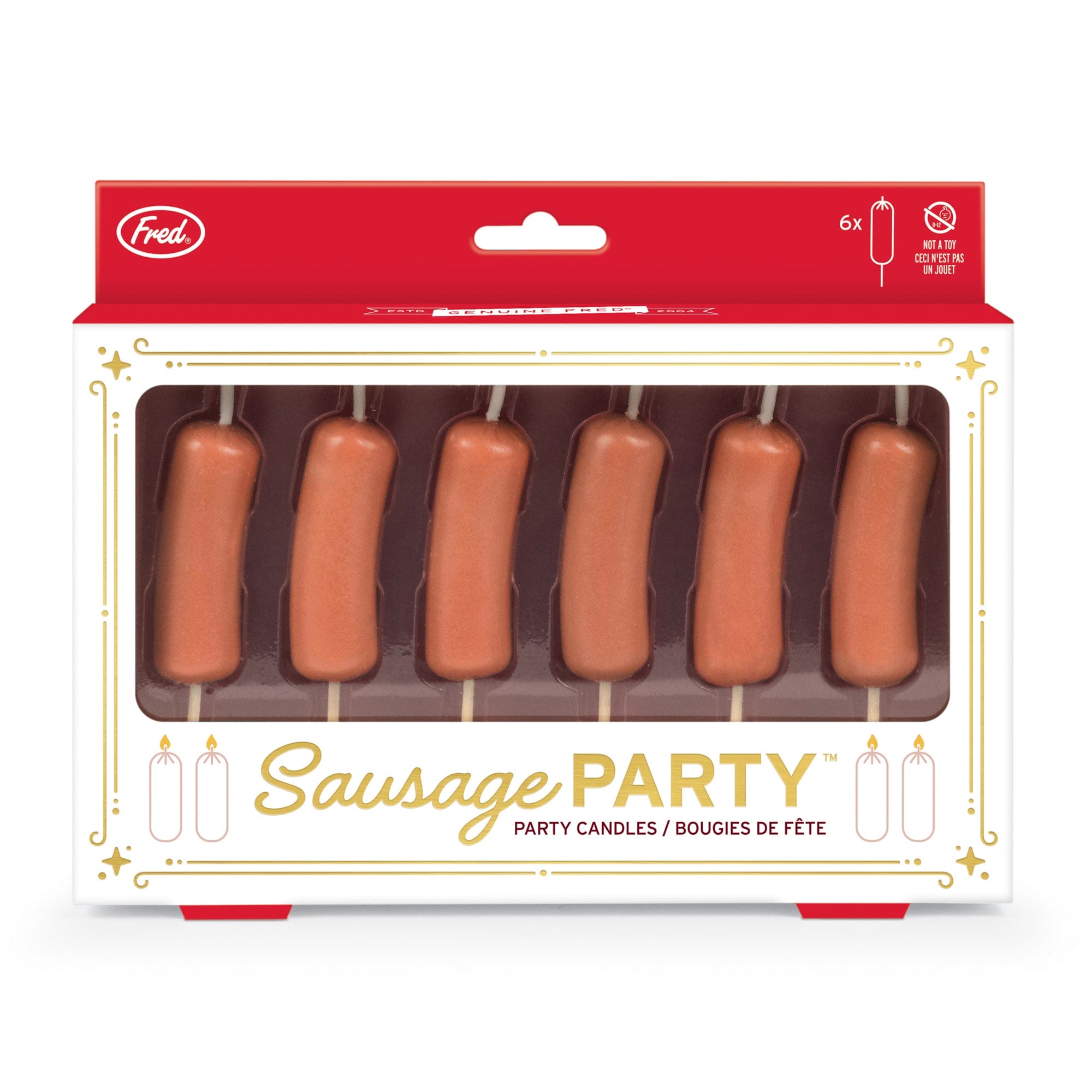 A set of 6 party candles that look like cocktail wieners in packaging