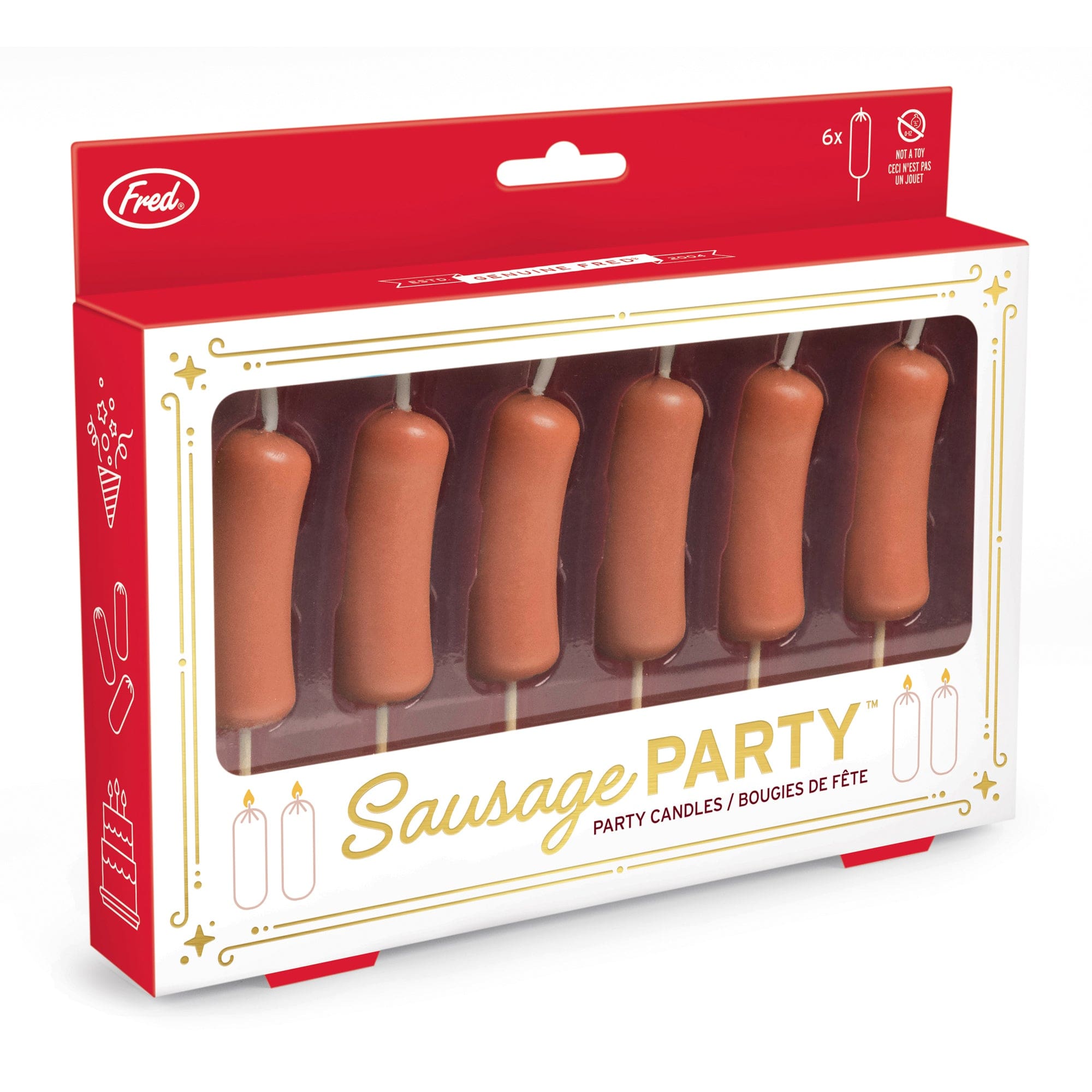 A set of 6 party candles that look like cocktail wieners in packaging