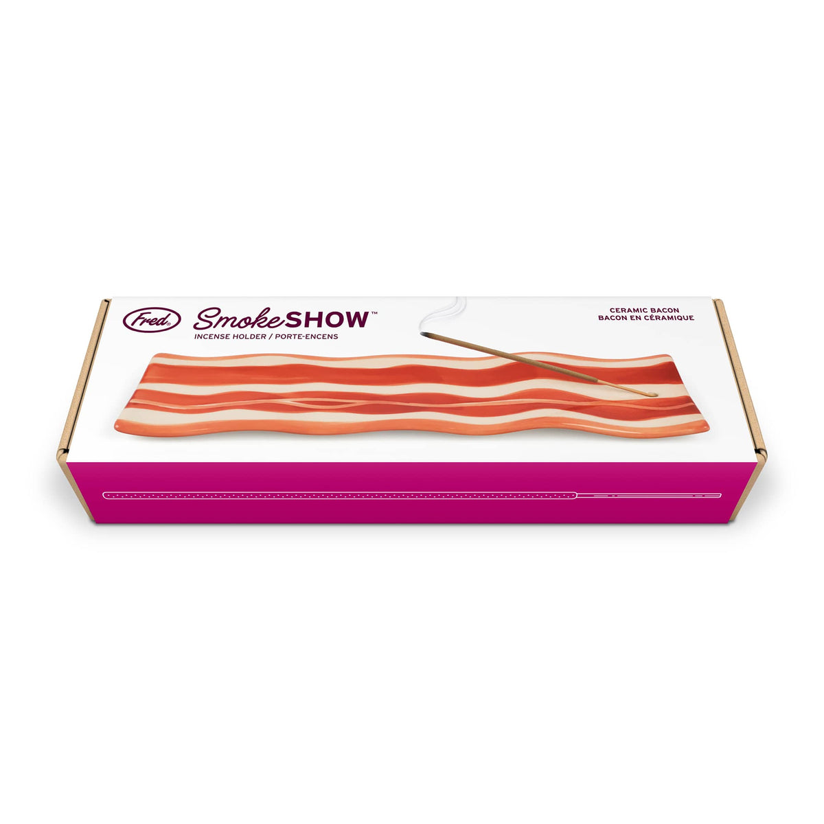 Fred SmokeSHOW incense packaging box with a burning incense resting on the illustrated wave design