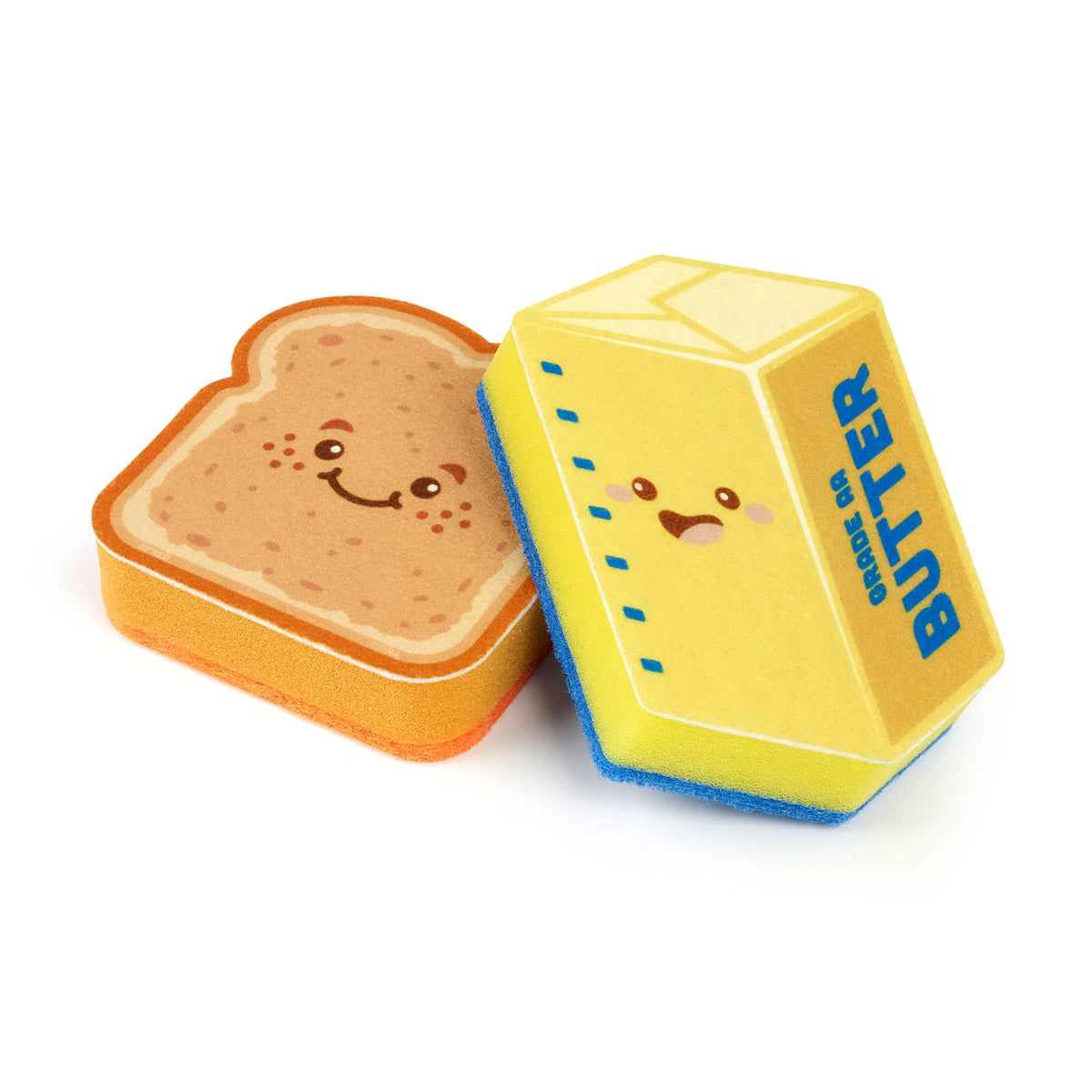 Orange bread shaped sponge and yellow butter shaped sponge from Play Dirty set on white background