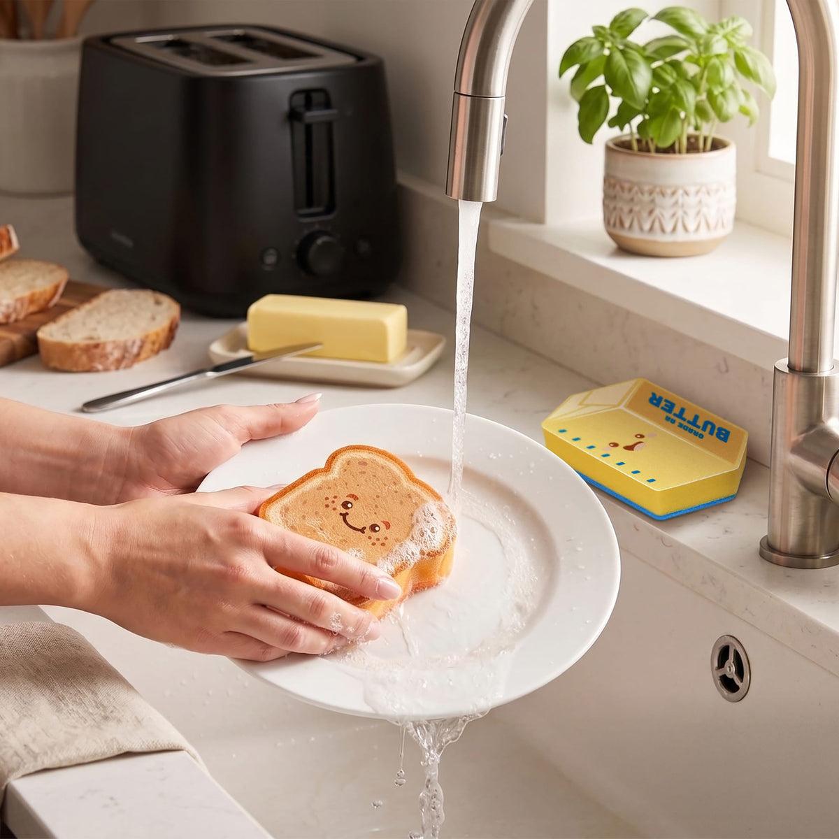 Hands wash a toast shaped sponge on a plate under running water in a kitchen