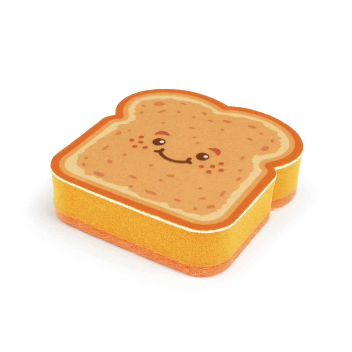 Close up of a yellow toast shaped sponge with blue edge from Tidy Toast
