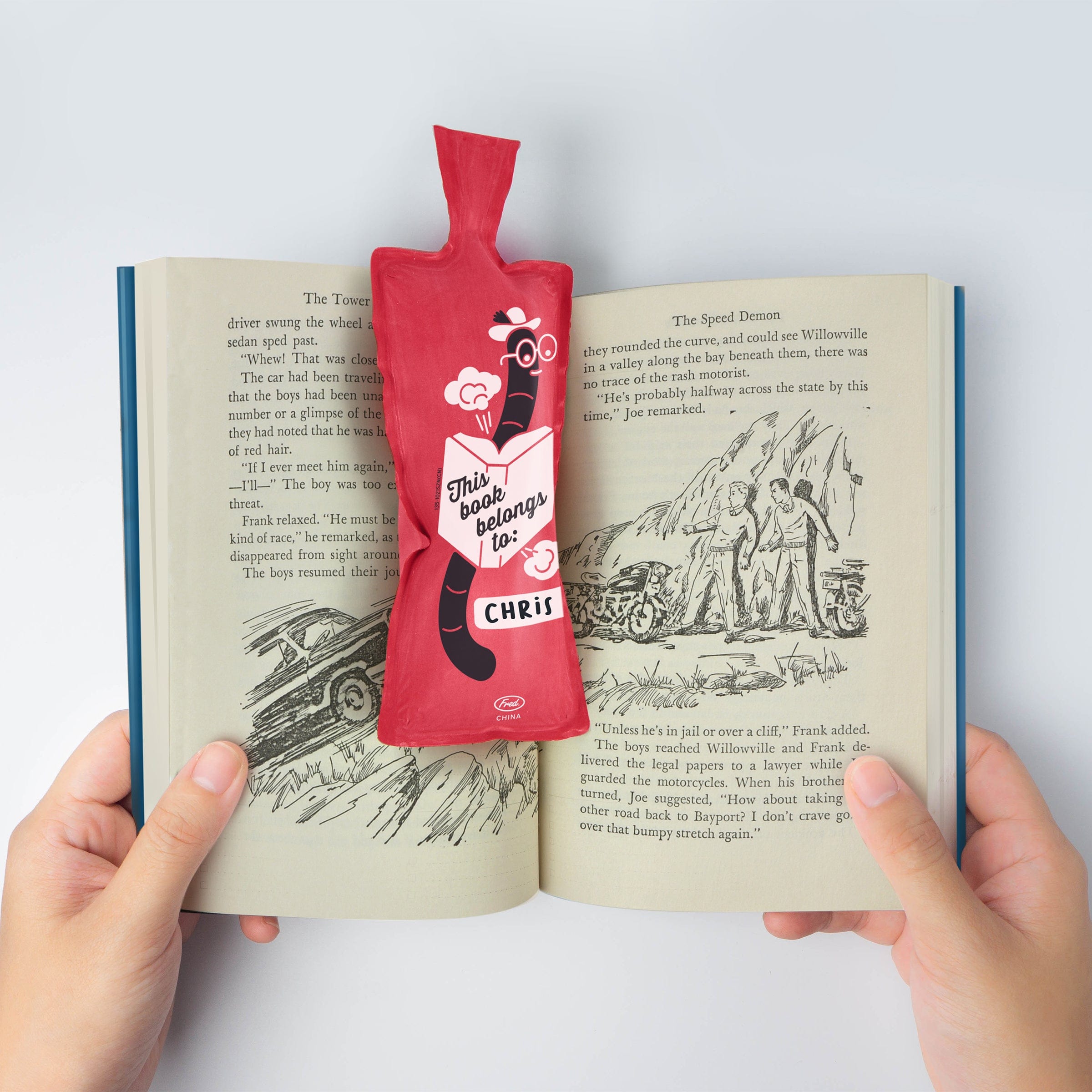 Novelty whoopee cushion bookmark with cartoon bookworm design — hilarious kids reading gift