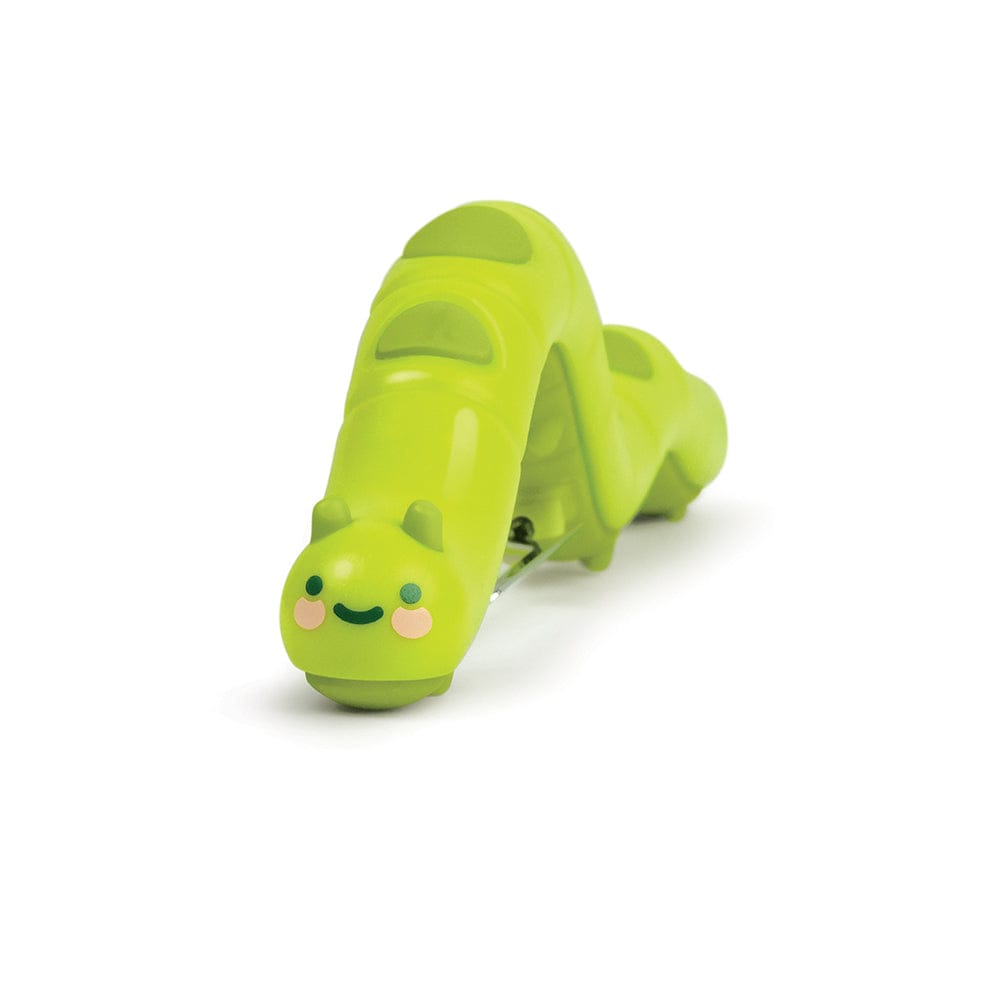 A fruit & vegetable peeler that looks like a green caterpillar.