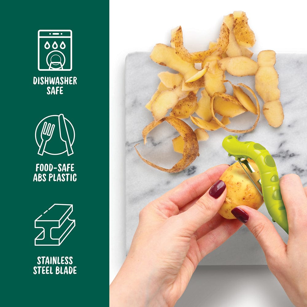 A fruit & vegetable peeler that looks like a green caterpillar. Food safe ABS plastic, stainless steel blade, dishwasher safe!