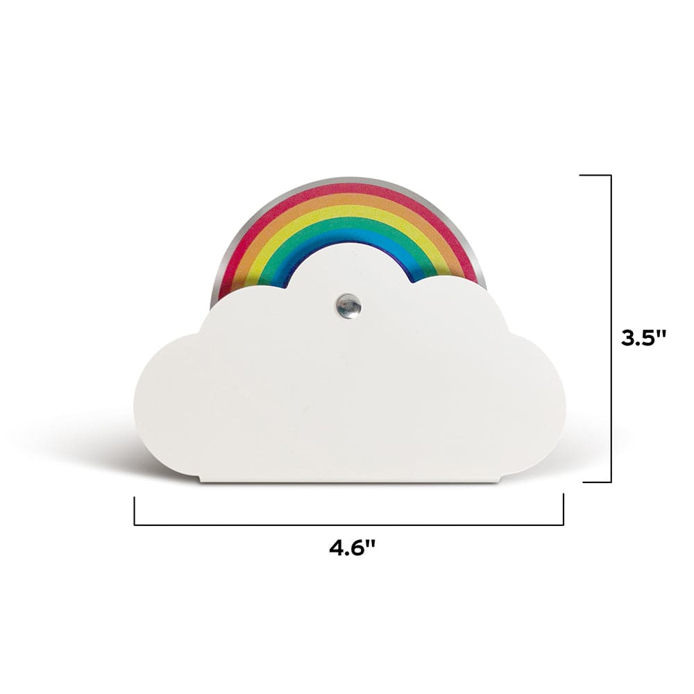 A pizza cutter that looks like a cloud and rainbow. The handle is a cloud and the stainless steel blade is printed with a seven color rainbow. This image shows the products dimensions of 4.6 x 3.5 inches